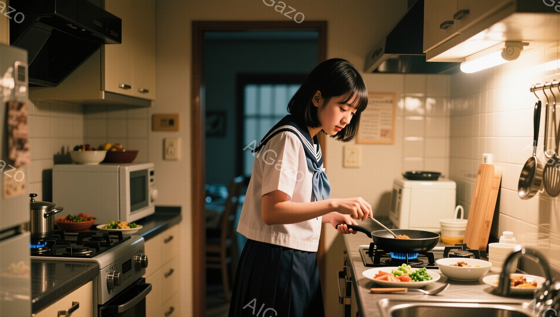 明るいキッチンで、セーラー服を着た若い女性がフライパンで料理を作っている。彼女は長い黒髪で、少しうつむいて集中した表情をしている。キッチンは清潔で整頓されており、冷蔵庫、電子レンジ、調味料などが配置され、温かく家庭的な雰囲気が漂っている。