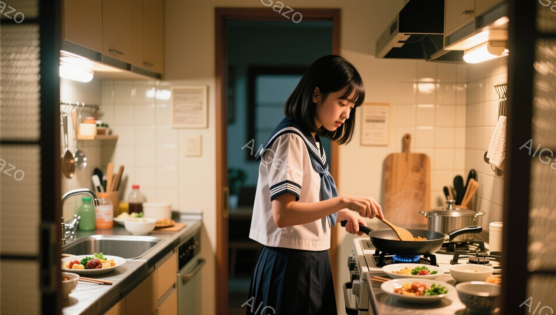 セーラー服を着た若い女性がキッチンで調理している様子が写っています。彼女はフライパンをかき混ぜながら、真剣な表情で料理に集中しています。背景には、食器や調理器具が並んだキッチンカウンター、壁に掛けられた棚、そして薄暗い照明が見えます。