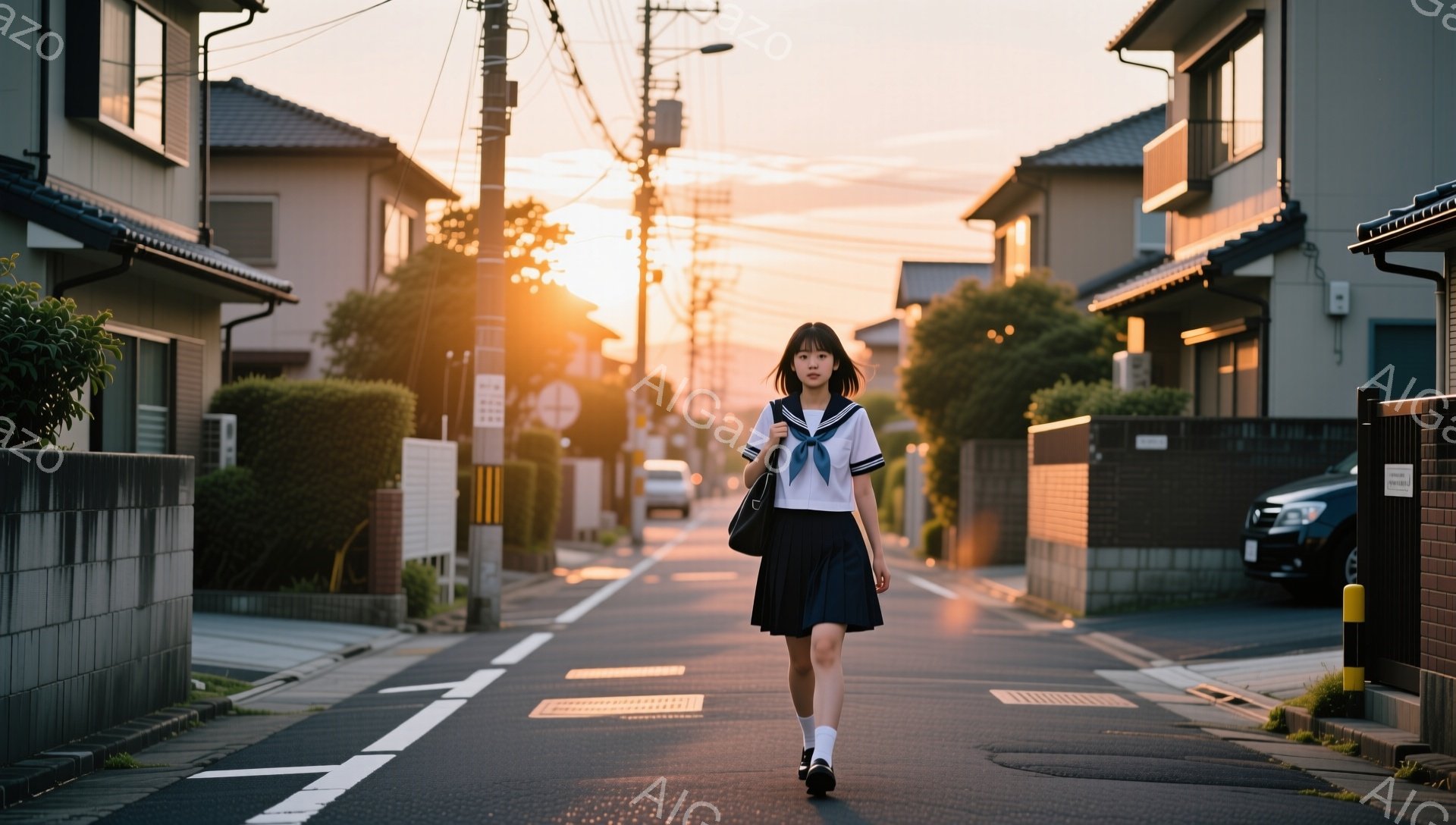制服を着た女子高生が、住宅街の道を歩いている。彼女は紺色のブレザーに白いシャツ、チェック柄のスカートを着用し、髪は肩までの長さで前髪を下ろしている。夕暮れ時の柔らかな光が差し込み、路地全体が暖かく、どこか懐かしい雰囲気を醸し出している。