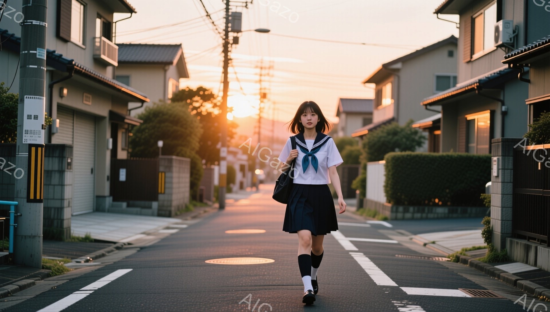 制服を着た女子高生が、住宅街の狭い道路を正面から歩いてくる様子が捉えられています。彼女は紺色のスカート、白いシャツ、そして赤いリボンとネクタイを着用し、黒いショルダーバッグをかけています。夕暮れ時の柔らかい光が道路を照らし、背景の家々や緑豊かな植生が暖かく見えます。
