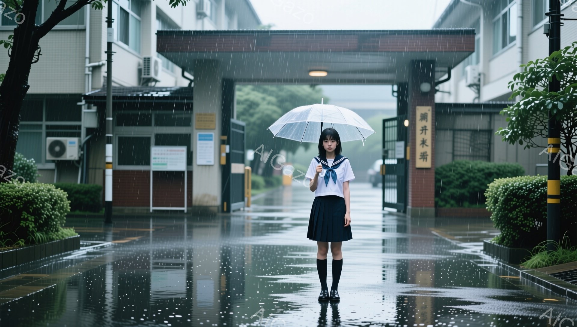 紺色のセーラー服を着た女子高生が、雨の中、白い傘を差して立っている。彼女は長い黒髪で、少し悲しげな表情をしており、濡れたアスファルトの道を見下ろしている。背景には学校の建物があり、雨が降りしきる中、緑の植え込みが並び、全体的に憂鬱で物悲しい雰囲気が漂っている。