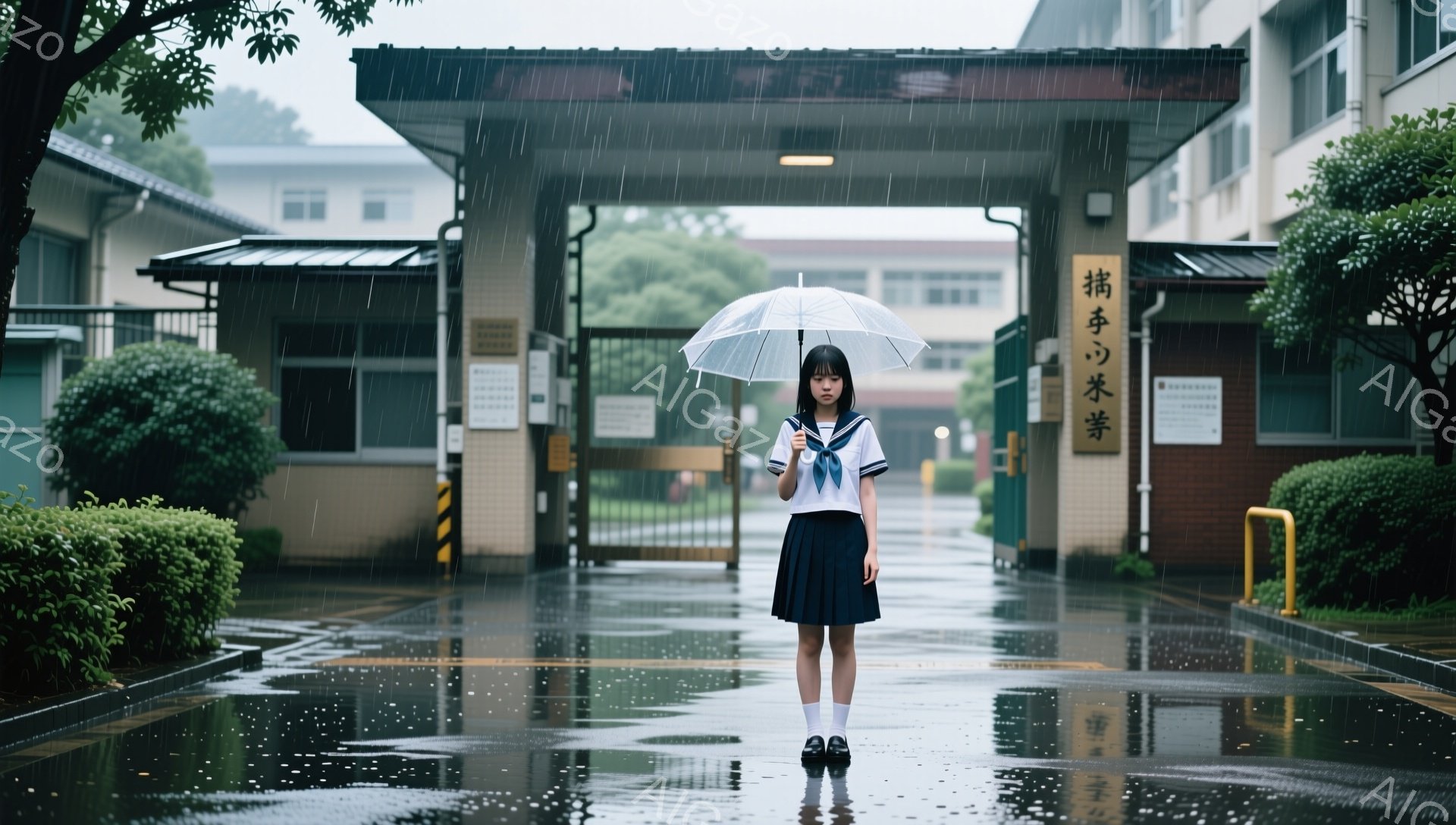制服を着た少女が雨の中で立っている。彼女は白いブラウス、紺色のスカート、白いソックスと黒い靴を履いており、首にはリボンをつけている。背景には学校の建物が見え、雨が降りしきっているアスファルトの道が濡れ - AI生成フリー素材