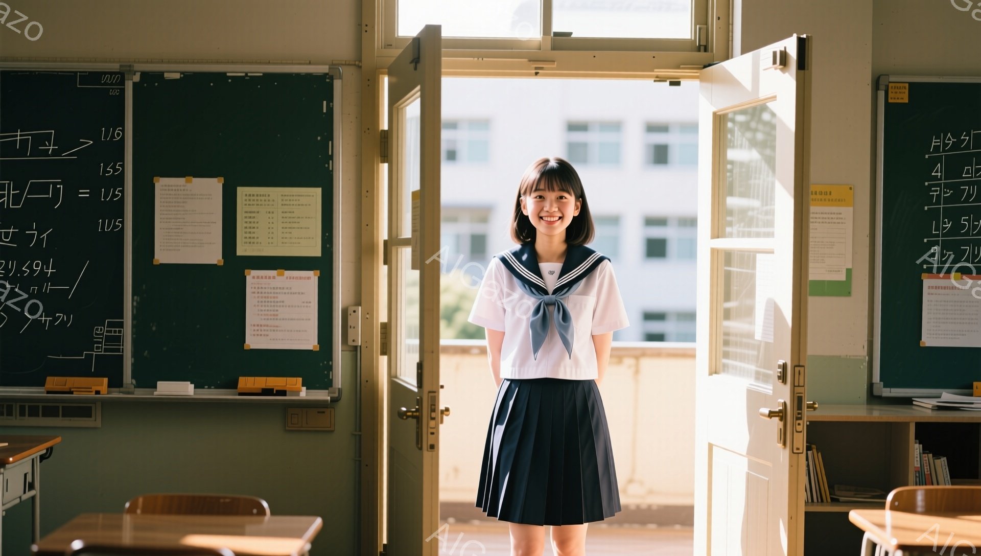 制服を着た若い女性が教室のドアの前に立っています。彼女は明るい笑顔を浮かべ、三つ編みの髪で、白いブラウスと紺色のスカート、そして赤いネクタイを締めています。背景には、教室の黒板と机、そして窓から見える晴れた日の建物が見え、全体的に明るく希望に満ちた雰囲気です。