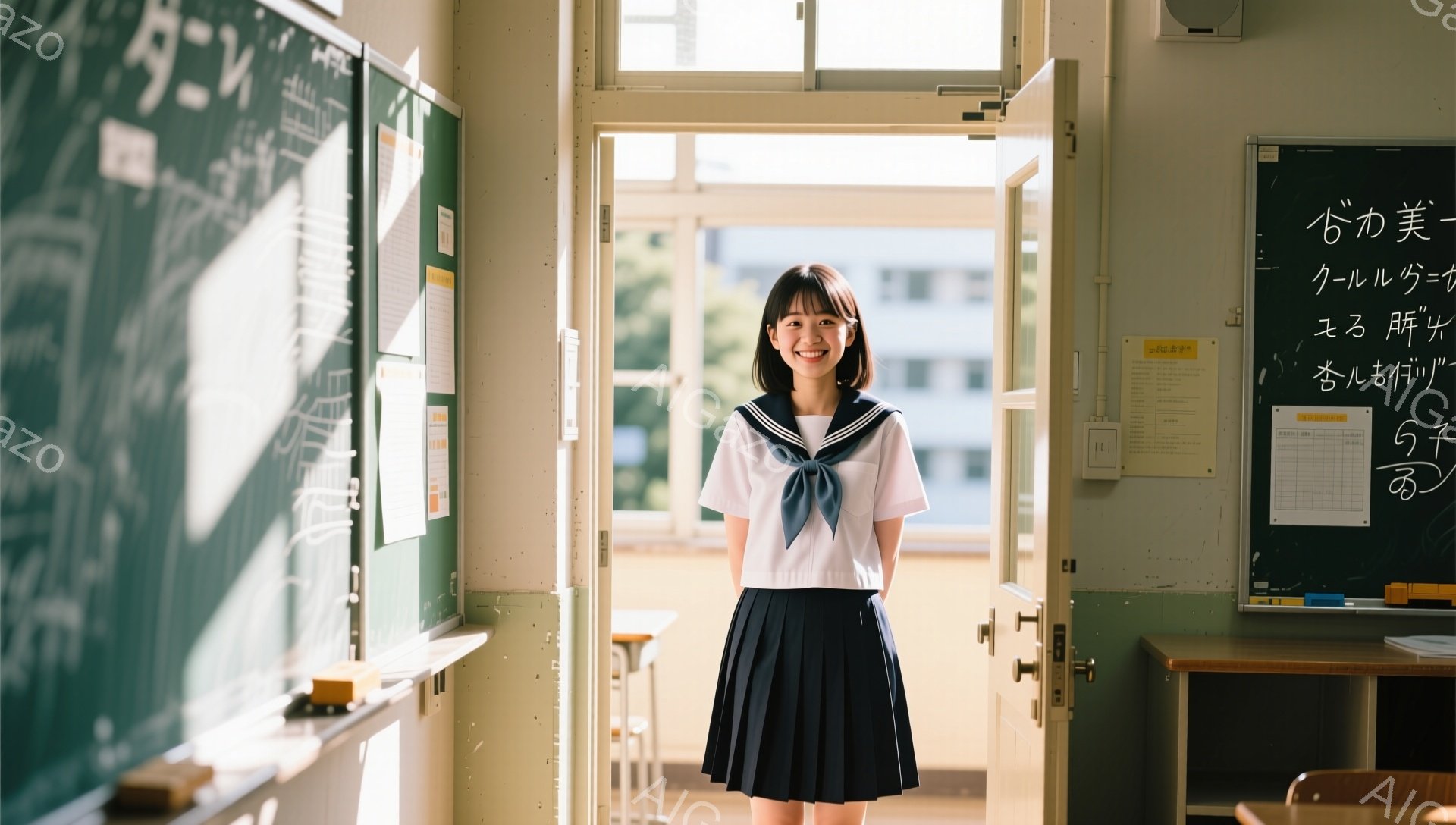 制服を着た女子高生が教室の入り口に立っています。彼女は明るい笑顔で、紺色のリボンと白いブラウス、プリーツスカートを着用しており、黒髪を肩のあたりで切り揃えています。教室の背景には黒板と掲示物があり、入 - AI生成フリー素材