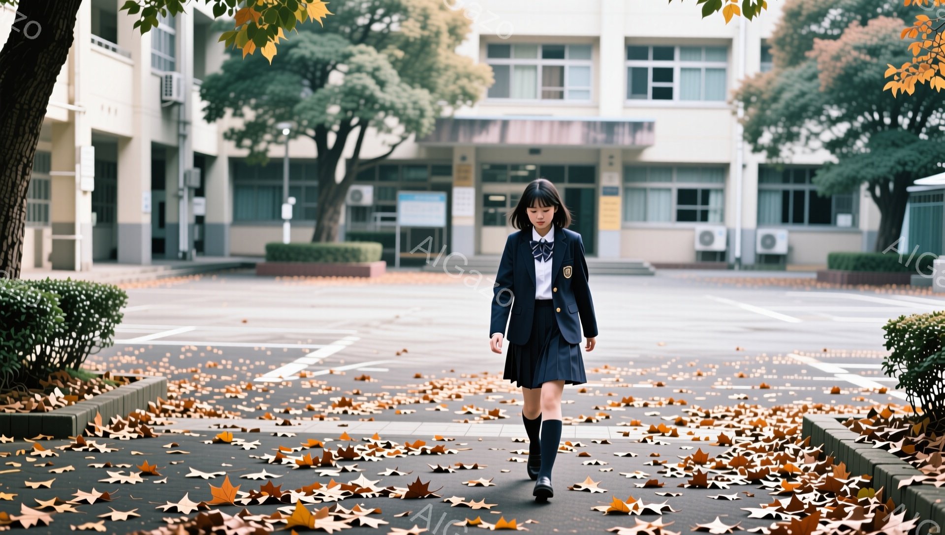 学生服を着た若い女性が、落ち葉が敷き詰められた歩道を歩いている。彼女は紺色のブレザー、プリーツスカート、膝丈の靴下を履き、髪を後ろで一つにまとめている。背景にはレンガ造りの学校の建物が見え、空は曇り空で、秋の穏やかな雰囲気が漂っている。