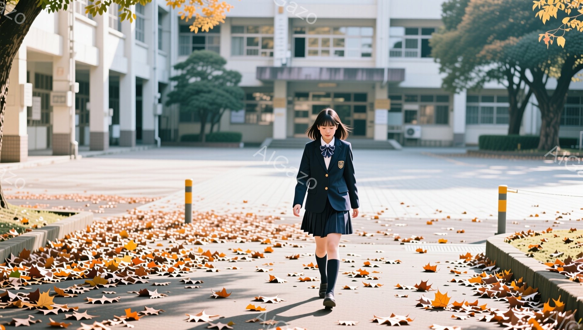 制服を着た女子学生が、落ち葉が敷き詰められた校庭を歩いている。紺色のブレザーにチェックのスカート、膝丈のソックス、革靴を履き、髪は前髪を揃えて肩までの長さで、表情は穏やかだ。背景にはレンガ造りの校舎が立ち並び、空は晴れていて、秋の穏やかな雰囲気が漂っている。