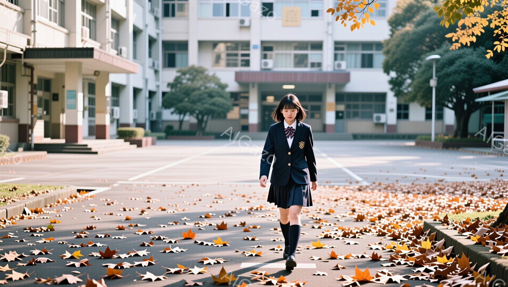 制服を着た女子学生が、落ち葉が散らばる校庭を歩いている。紺色のブレザーにプリーツスカート、膝上まである靴下を履き、黒いローファーを合わせている。表情は少し憂いを帯びており、背景にはレンガ造りの校舎が広がり、秋の穏やかな日差しが全体を包み込んでいる。