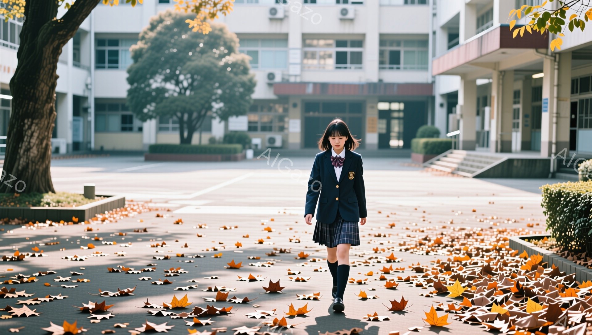 制服姿の少女が、落ち葉が敷き詰められた校庭を正面に向かって歩いている。紺色のブレザーにチェック柄のスカート、黒いニーハイソックスと革靴を履き、髪は肩まで伸びて前髪が少しふさふさしている。背景にはレンガ造りの校舎が広がっており、日差しが暖かく、穏やかな秋の日の雰囲気が漂っている。
