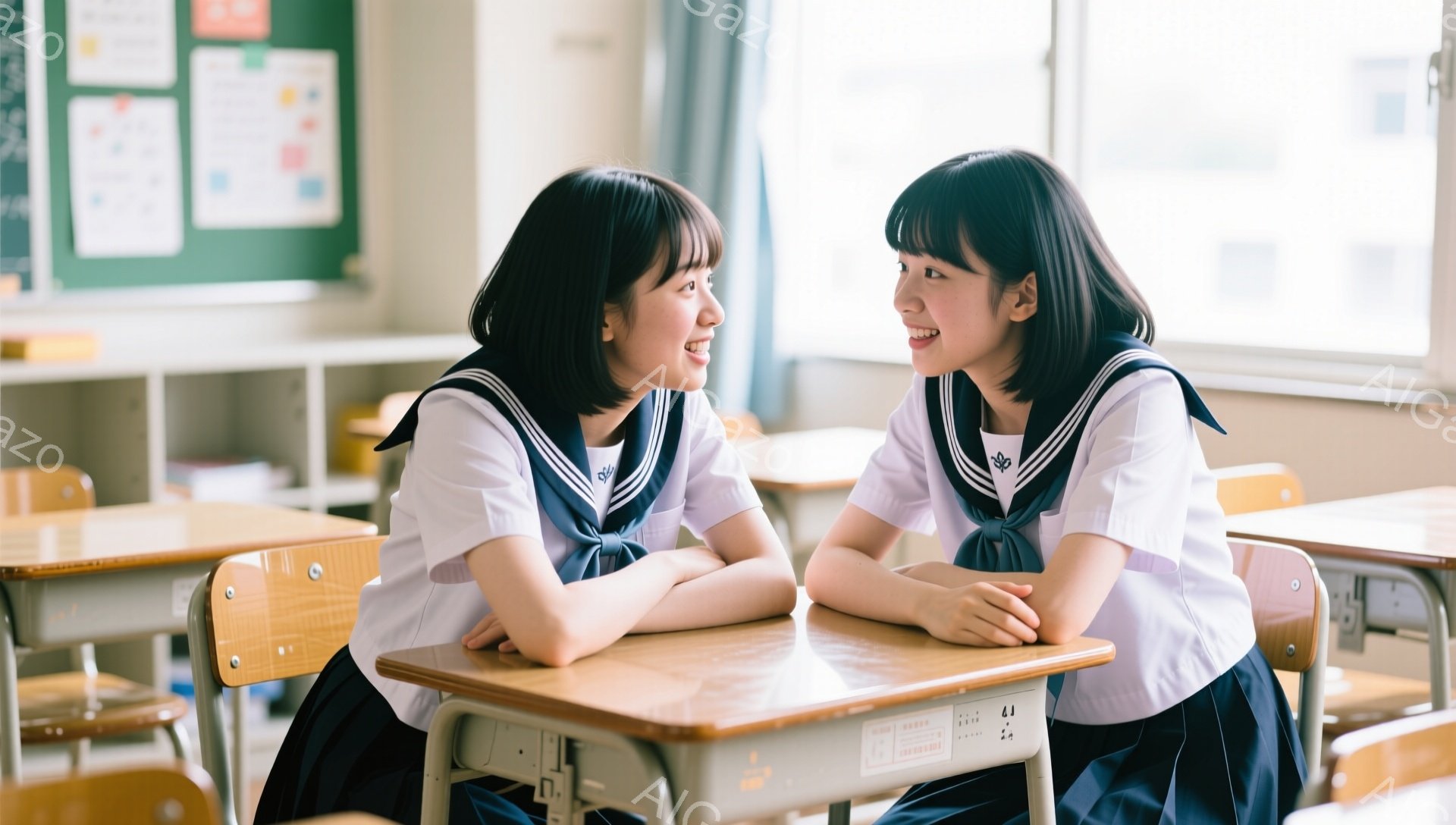 二人の女子学生が教室で机を挟んで向き合って座り、笑顔で何か話し合っている様子が写っている。制服はセーラー服で、髪型はどちらも肩までの長さの黒髪。教室の背景には黒板があり、所々に物が貼られている。 - AI生成フリー素材
