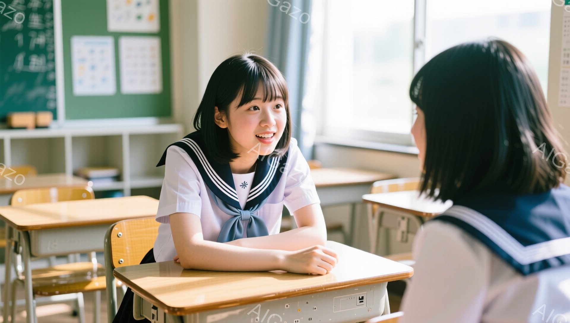 この画像は、教室で机を挟んで向かい合って座っている女子学生二人を捉えています。手前の女子学生は、明るい笑顔で相手を見つめ、紺色のセーラー服に身を包み、前髪を少し短くした茶髪が特徴的です。教室は木製の机と椅子が整然と並び、壁にはポスターが貼られ、全体的に穏やかで和やかな雰囲気が漂っています。