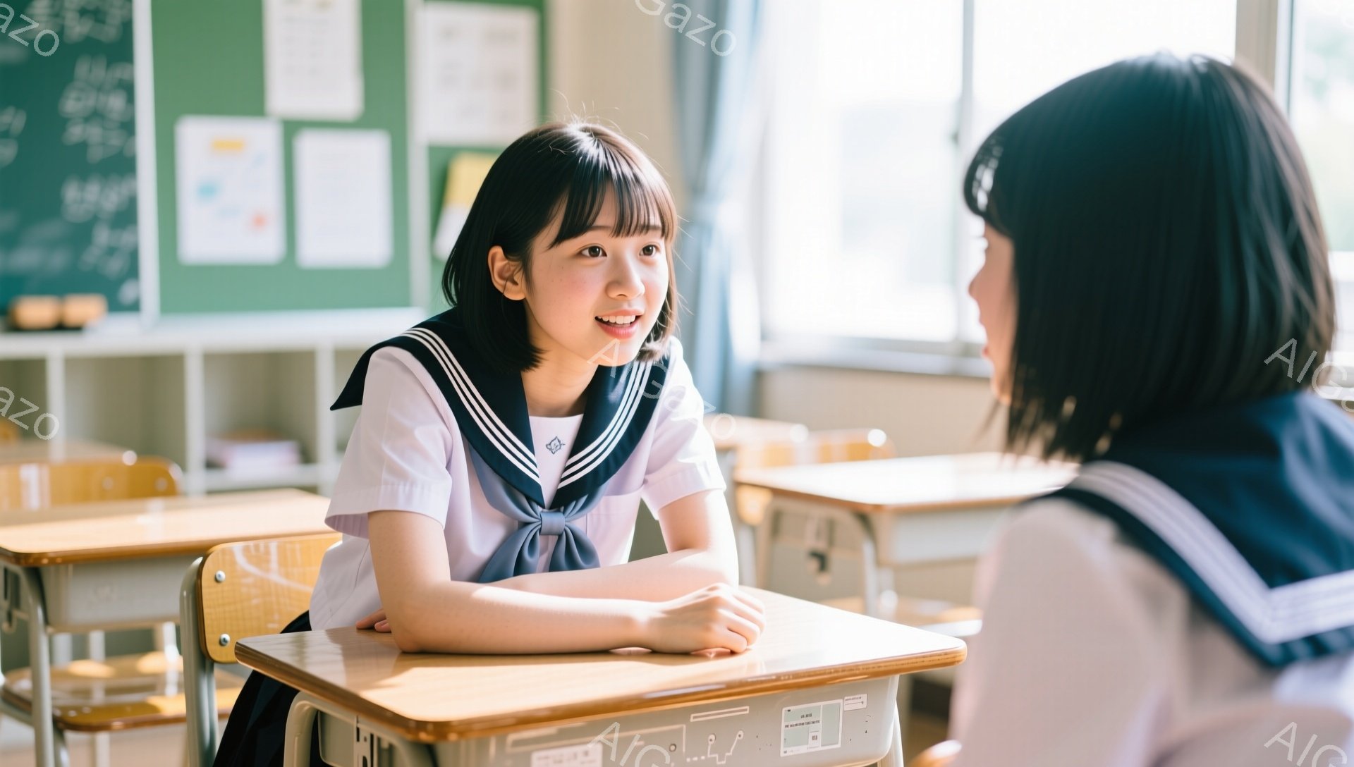 制服を着た女子生徒が、机を挟んで別の女子生徒と向かい合って座っている。笑顔で何かを話している様子で、明るい表情をしている。背景には教室の黒板や机が並び、穏やかで和やかな雰囲気が漂っている。