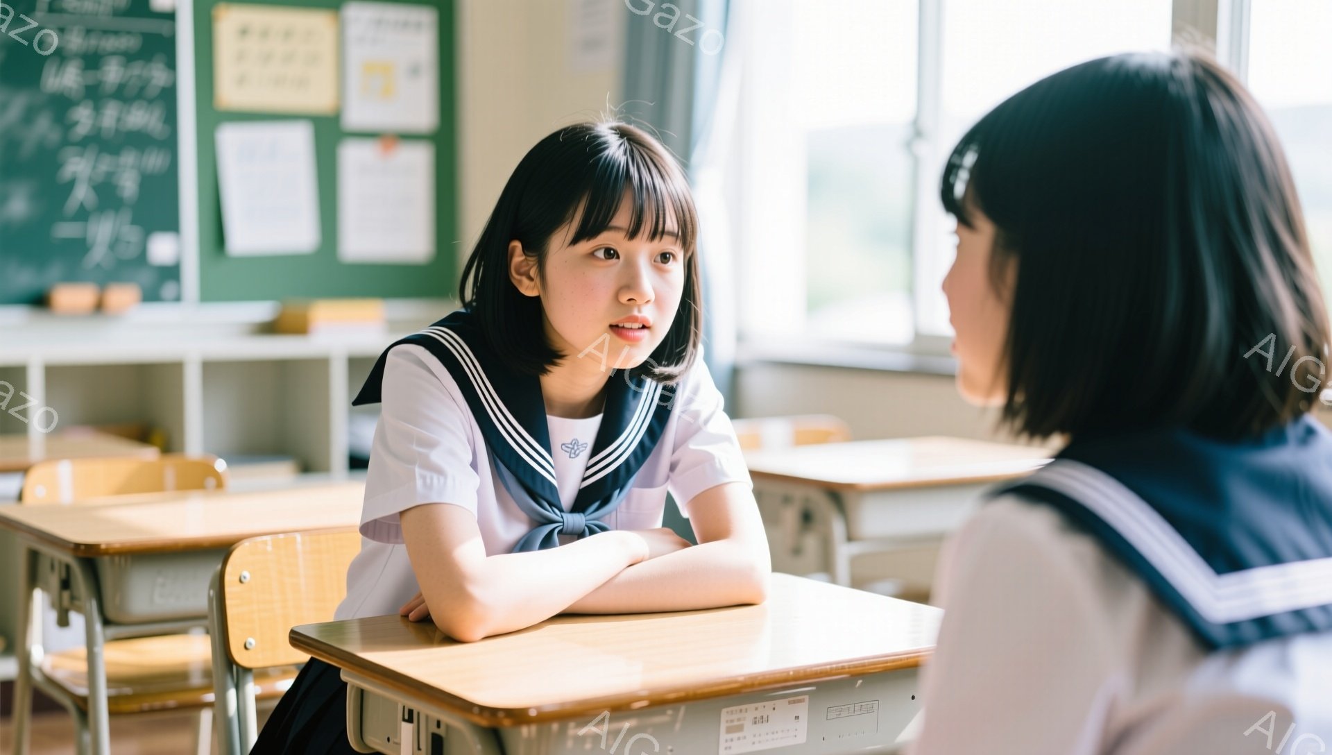 教室の席で、制服を着た女子生徒が互いに向き合って座っています。片方の生徒は、黒髪で前髪を横に流し、少し心配そうな表情で腕を組んでいます。背景には黒板があり、授業で書かれたと思われる文字が読めます。