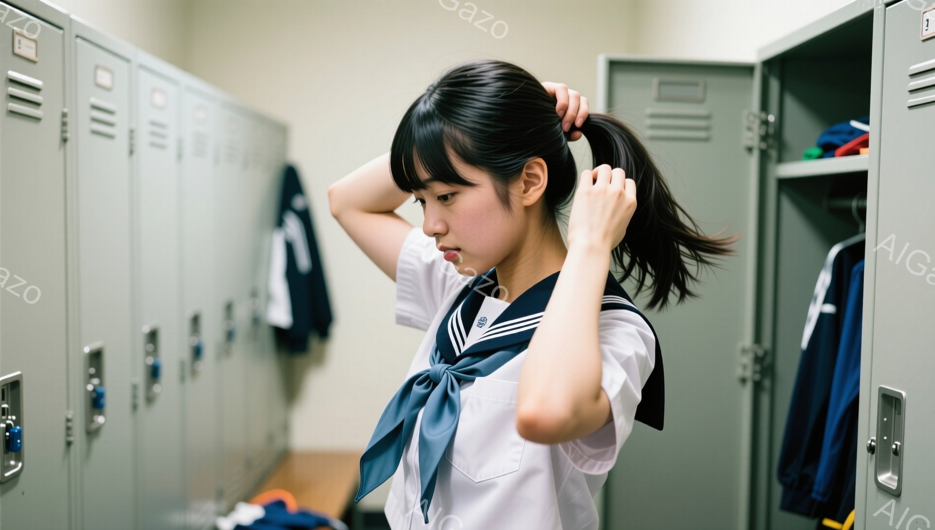 制服姿の女子学生が、体育館のような場所で髪を結んでいます。白いブラウスにネイビーのネクタイとリボンが特徴的で、少し憂いを帯びた表情をしています。背景にはロッカーが並び、制服や運動着が置かれており、学校生活の一コマを切り取ったような雰囲気です。