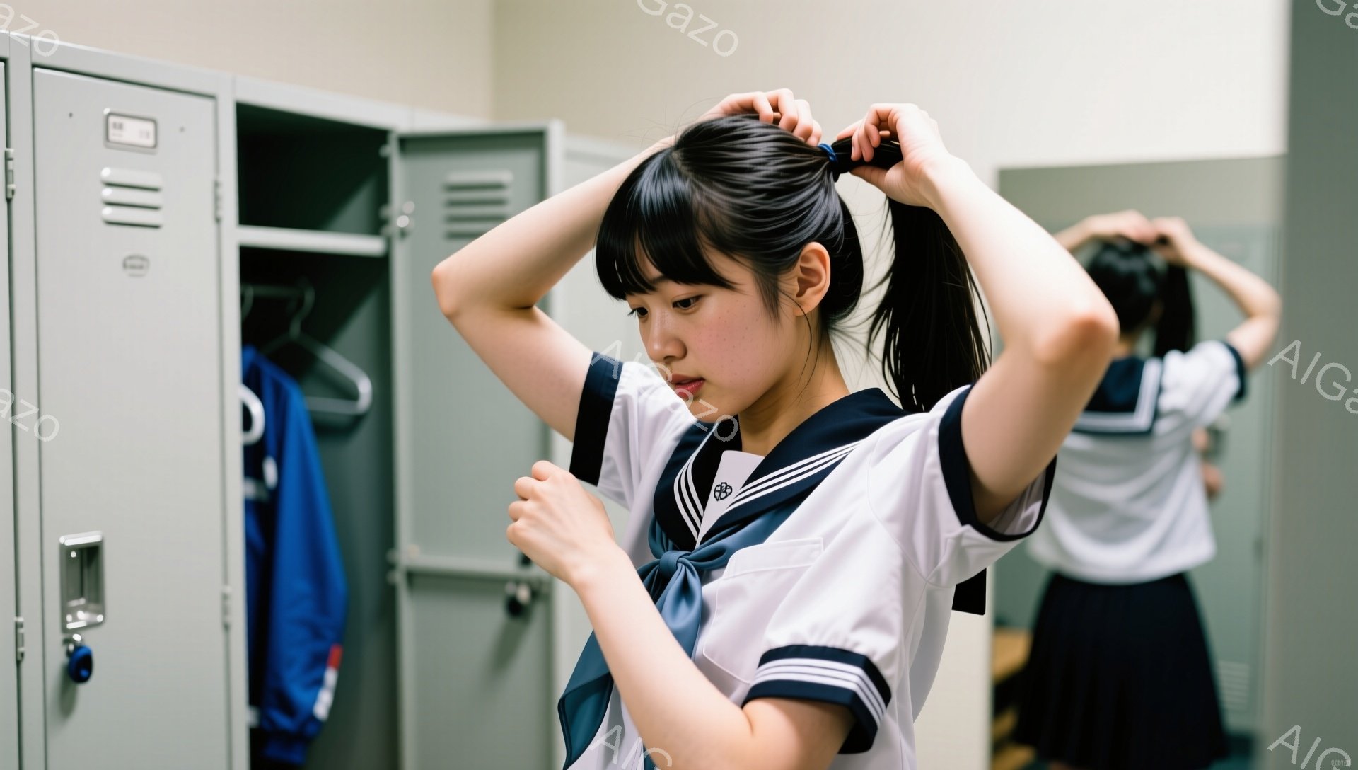 制服姿の女子学生が、体育館のような場所で髪を結んでいます。白いブラウスに濃い紺色のセーラーカラー、ネクタイとスカートを着用し、少し微笑んだ表情をしています。背景には、鍵のかかった金属製のロッカーと、青い体操服が掛けられているのが見えます。