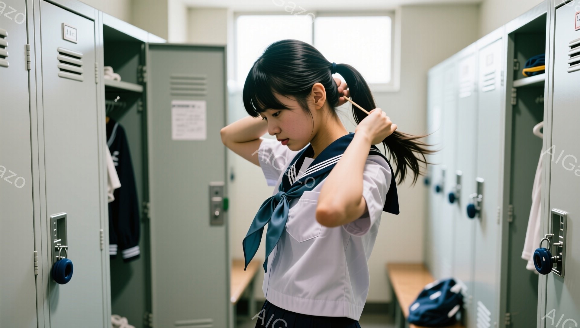 制服姿の女子学生が、体育館のようなロッカー室で髪を結んでいます。白いブラウスに濃紺のリボンとスカートを着用し、後ろで髪をまとめてポニーテールにしています。ロッカーは灰色で整然と並んでおり、背景には他の生徒の持ち物がわずかに見えます。