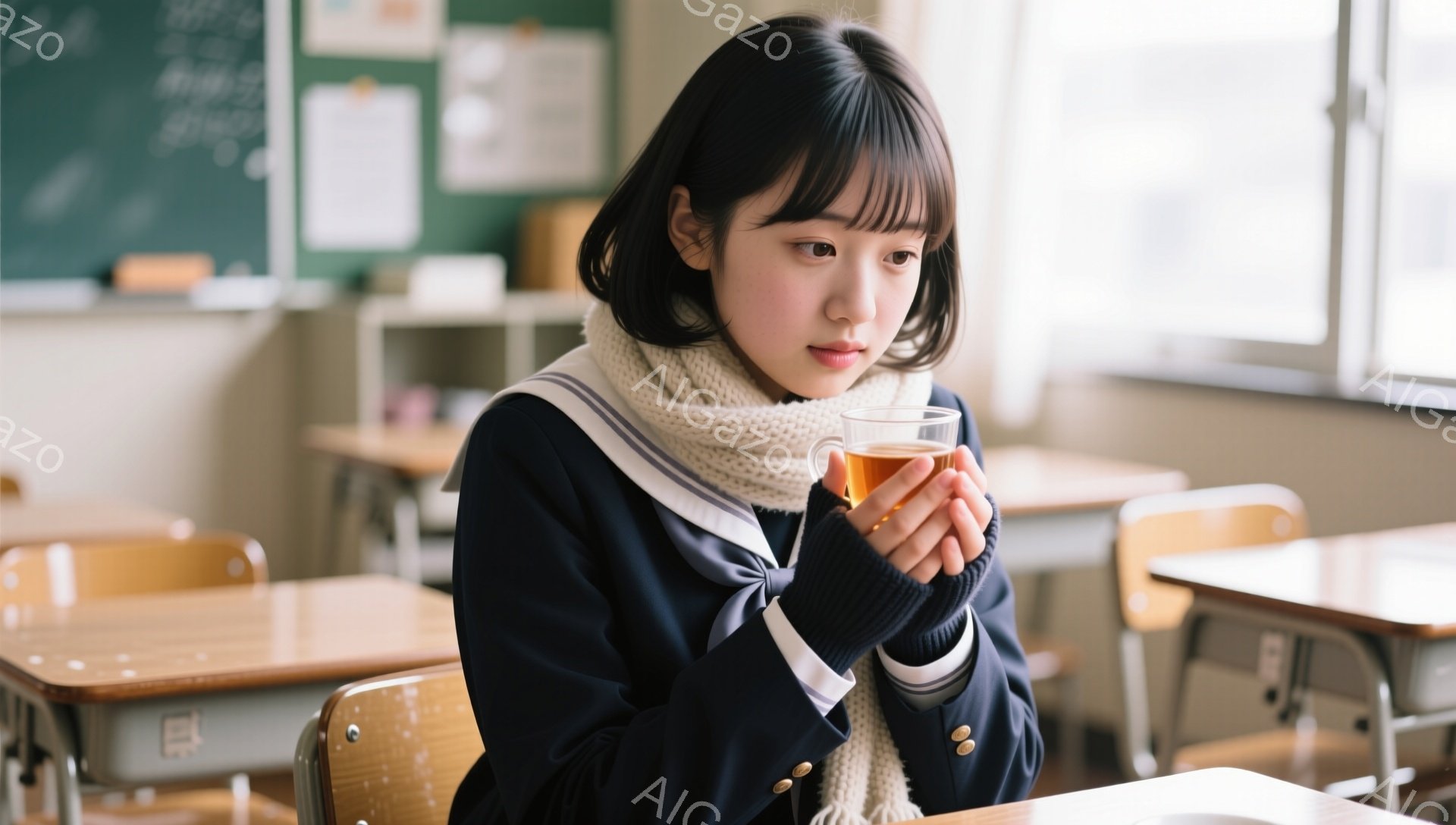 少女は教室で温かい飲み物を両手で抱え、物憂げな表情で何かを考えているようです。紺色のセーラー服に白いマフラーを巻き、黒髪のショートボブが印象的です。教室には木製の机と椅子が並び、黒板には何かのメモが書かれており、冬の穏やかな日差しが差し込んでいます。
