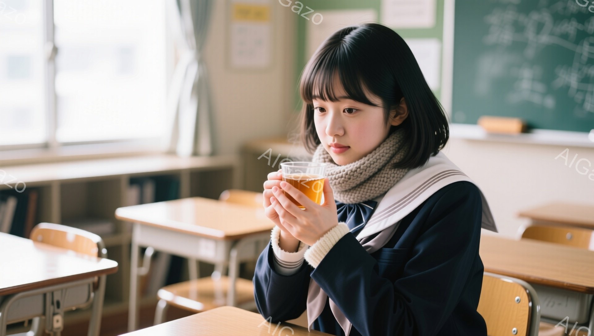 制服姿の若い女性が教室で温かい飲み物を両手で抱えています。彼女は短い黒髪で、首にクリーム色のマフラーを巻いており、少し物憂げな表情をしています。教室には木製の机と椅子が並び、窓から光が差し込み、落ち着 - AI生成フリー素材