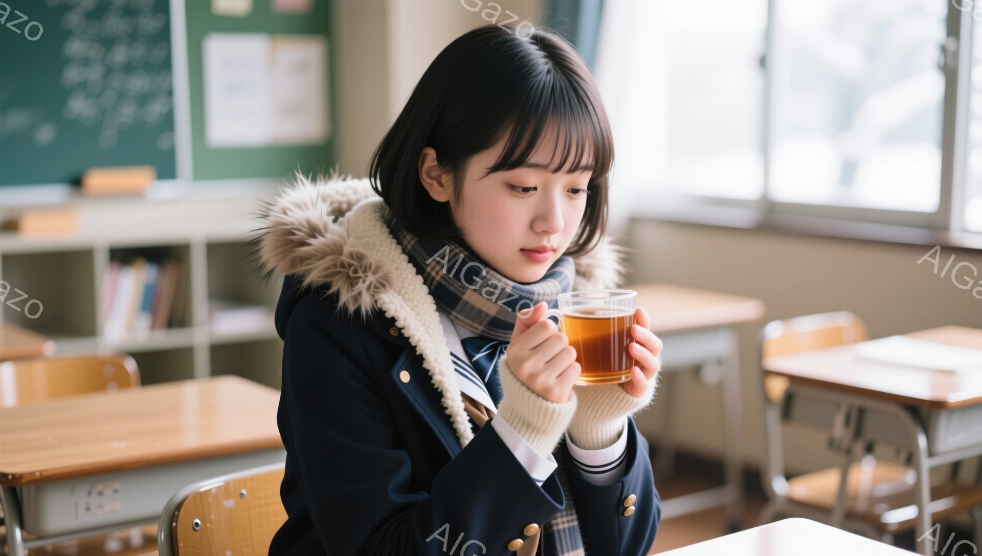画像には、紺色の冬の制服を着た若い女性が教室で温かい飲み物を飲んでいる様子が写っています。彼女は前髪を下ろしたダークブラウンの髪を持ち、少し憂いのある表情で飲み物に集中しています。教室には木製の机と椅子が並び、黒板には文字が書かれており、全体的に落ち着いた、内省的な雰囲気が漂っています。