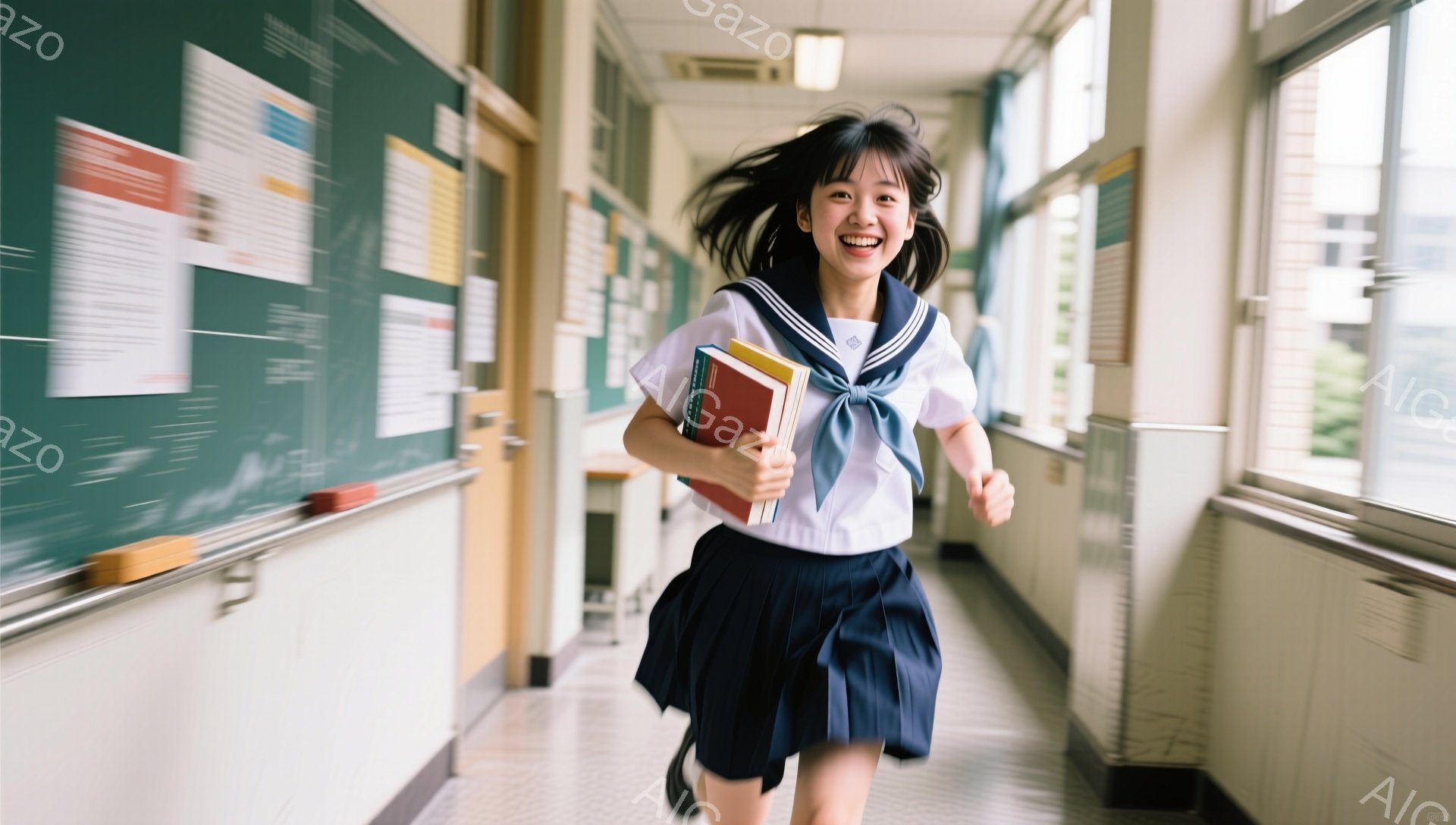 明るい廊下を、紺色のセーラー服の女子学生が笑顔で走り去っている。長い髪は動き、手に持った教科書が少し傾いている。背景には掲示板が並び、学校の日常的な雰囲気が感じられる。