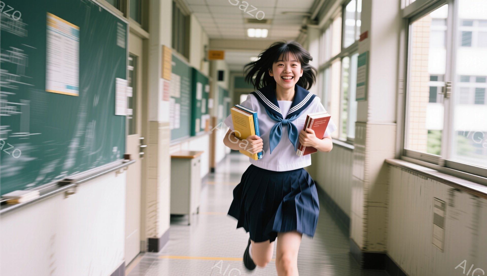 制服姿の女子学生が、廊下を走っている。紺色のプリーツスカートと白いブラウス、そして赤いリボンが特徴的で、嬉しそうな表情で両手に本を抱えている。廊下は学校内であり、窓から自然光が差し込み、活気のある雰囲 - AI生成フリー素材
