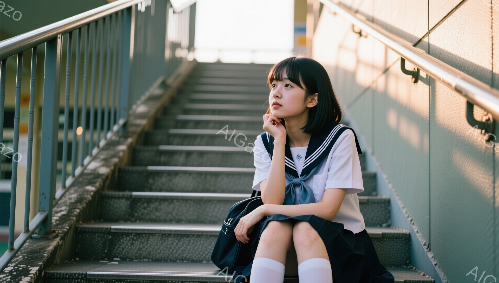 短い黒髪の女子学生が、コンクリートの階段に座って考え事をしている。彼女は白いブラウスにネイビーのスカート、白いソックス、ローファーを履いており、制服姿である。背景には、影が差す階段とわずかに見える建物 - AI生成フリー素材
