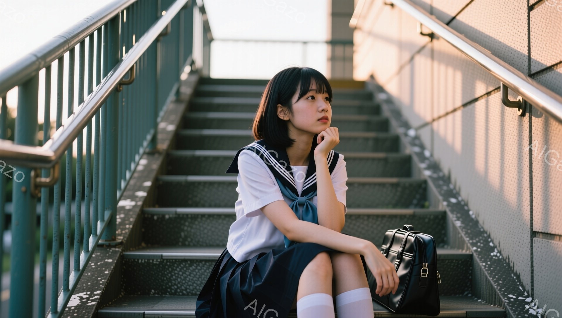 短い黒髪の女子高生が、緑色の階段に座って考え込んでいる。白いブラウスに紺色のスカート、白いハイソックスと制服を着ており、黒いカバンが隣にある。背景はコンクリートの階段と手すりで、日差しが差し込み少し寂しげな雰囲気である。