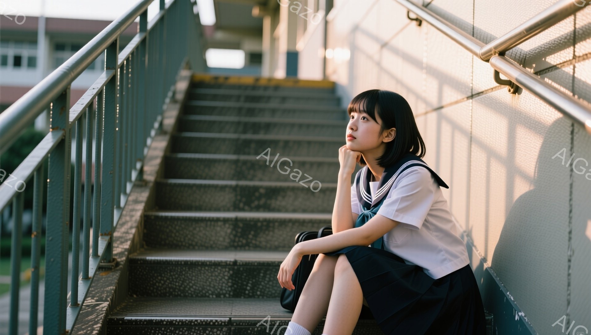 制服を着た女子学生が、緑色の階段に座って顎に手を当てています。彼女は黒いショートボブヘアで、少し憂いを帯びた表情をしています。背景には、建物とわずかな緑が見え、全体的に少し物憂げで静かな雰囲気です。