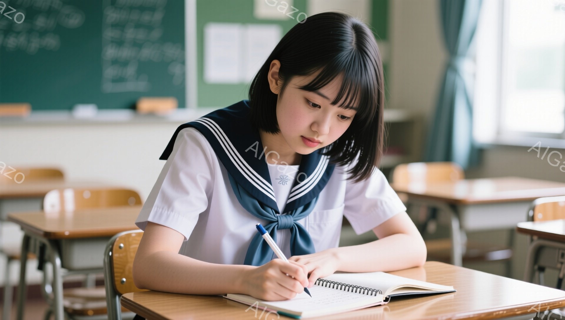 制服を着た女子学生が教室でノートにペンで書き込んでいる。彼女は前髪を下ろした黒髪で、集中した表情で少しうつむき加減だ。背景には黒板と机が並び、教室の穏やかな雰囲気が漂っている。 - AI生成フリー素材