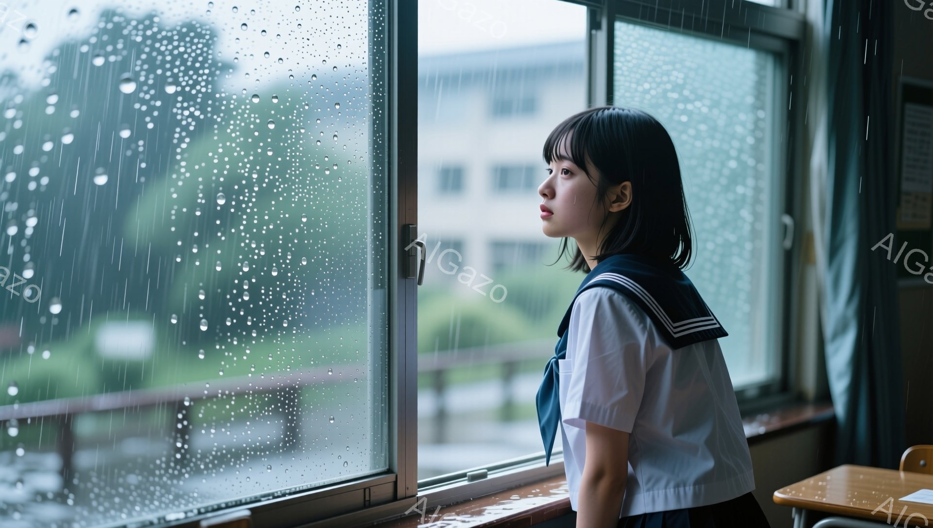 制服姿の女子学生が、雨が降る窓の外を物憂げに見つめている。彼女は黒髪のショートヘアで、青いネクタイと白いブラウスを着ており、少し寂しげな表情をしている。窓の外には雨が降り注ぎ、緑の植物とぼやけた建物が - AI生成フリー素材