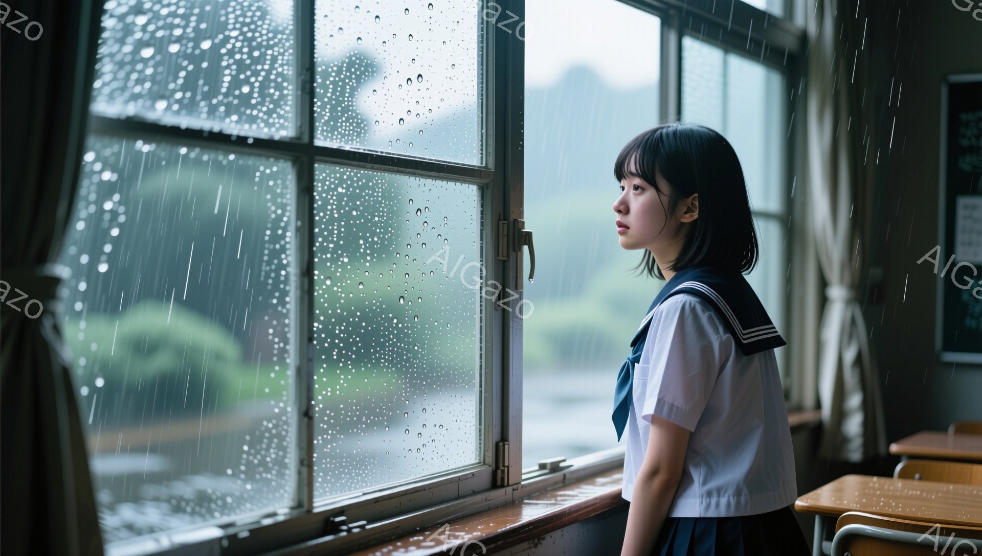少女は制服を着て窓の外を眺めています。彼女は黒髪で、前髪が目にかかるようにカットされ、憂鬱な表情をしています。背景には雨が降りしきる緑豊かな風景と教室の机が見え、全体的に寂しげで内省的な雰囲気です。 - AI生成フリー素材