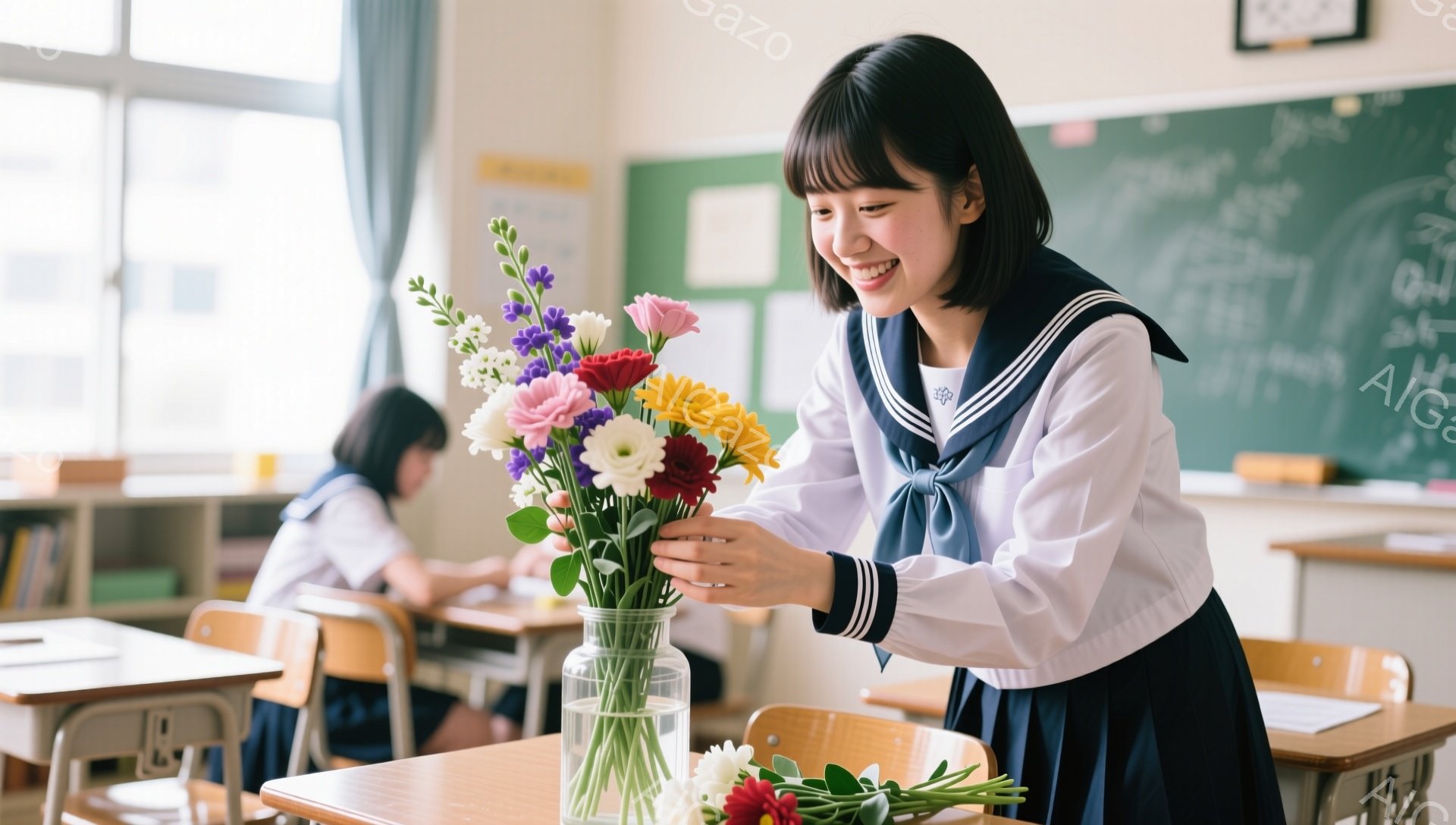 制服を着た女子学生が、カラフルな花束を花瓶に活けている様子が写っている。彼女は明るい笑顔で、前髪を下ろしたショートヘアが特徴的だ。教室の奥には他の生徒が座っており、背景には黒板が見え、穏やかで平和な雰囲気が漂っている。