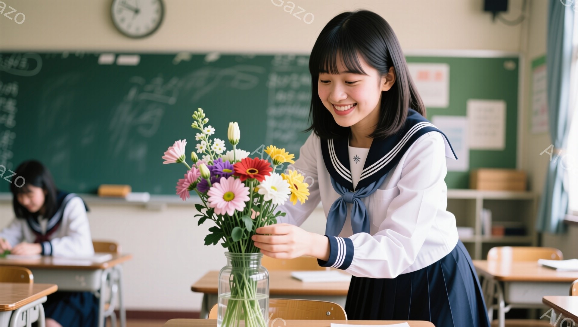 制服を着た女子学生が、教室で花瓶に花を生けている様子が写っている。彼女は短い前髪と肩までの長さの髪を持ち、微笑みを浮かべている。教室には木製の机と椅子が並び、黒板には文字が書かれており、明るく穏やかな雰囲気が漂っている。