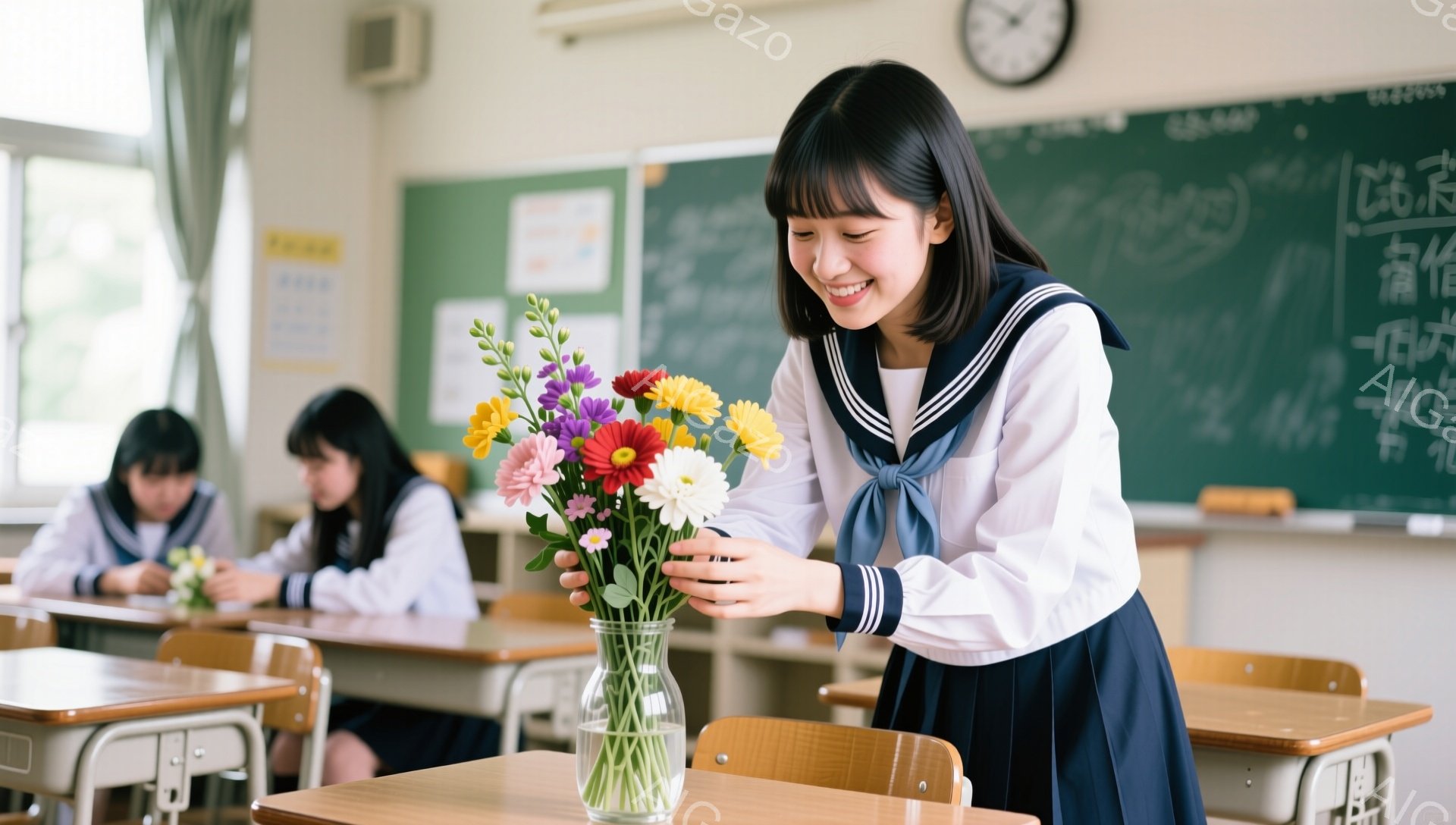 画像には、紺色のセーラー服を着た女子生徒が写っており、明るい笑顔を浮かべて花束を見つめている。彼女は黒髪のボブヘアで、前髪を少しふんわりとさせている。教室の背景には、黒板や机が並び、もう一人の生徒が花を扱っている様子が見える、穏やかで温かい雰囲気である。