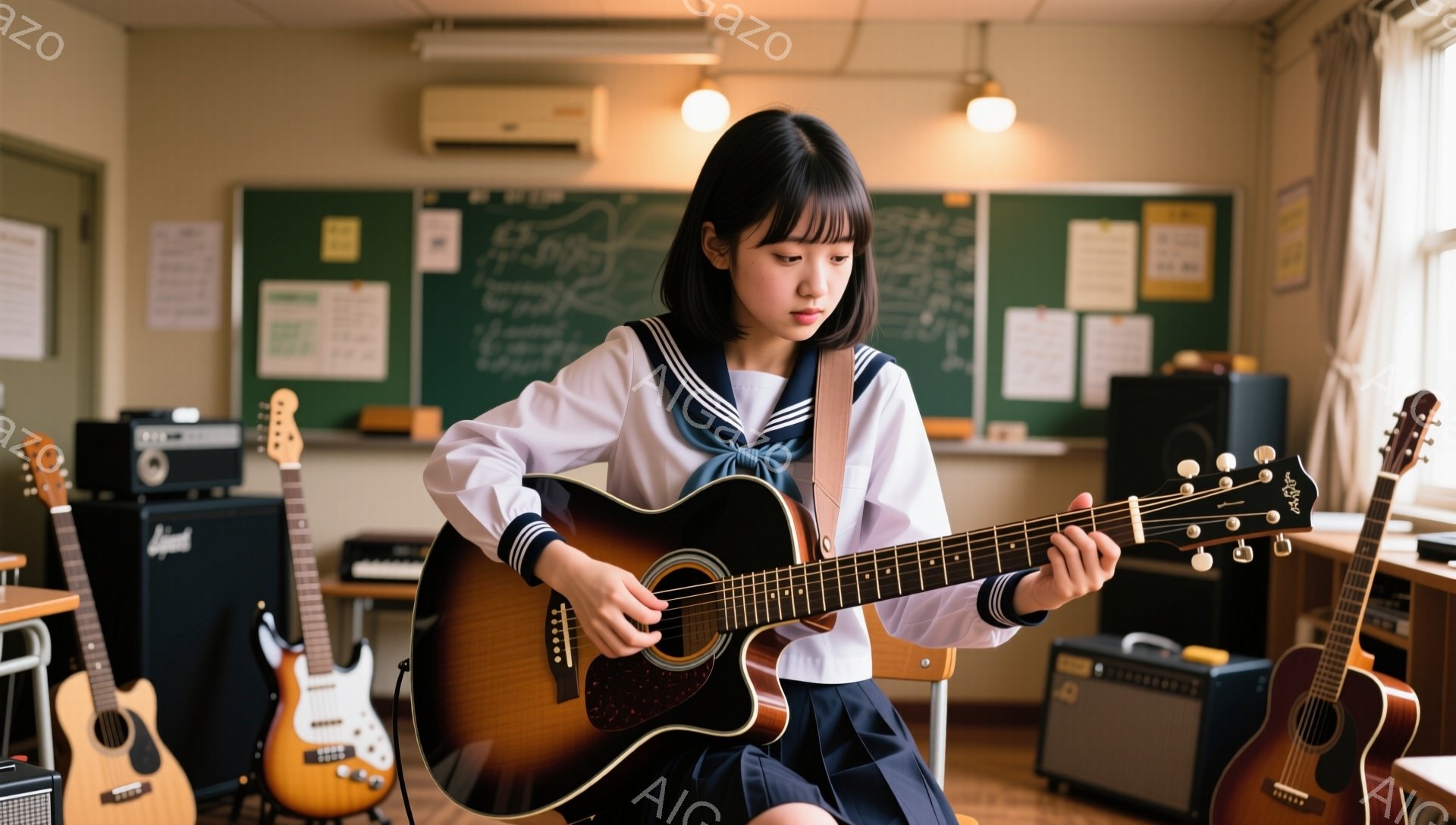 制服を着た若い女性がアコースティックギターを演奏している。彼女は黒髪で、前髪を少しカールさせている。教室内にいる彼女は、ギターに集中しており、少し真剣な表情をしている。