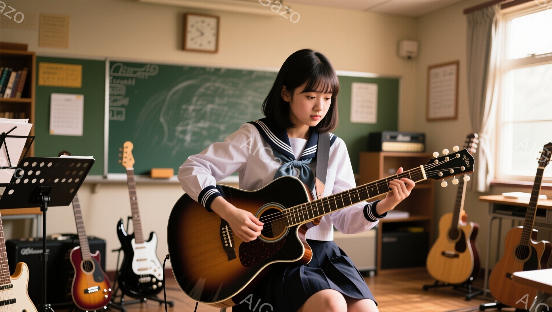 制服を着た若い女性がアコースティックギターを弾いています。彼女は黒髪で、前髪が目にかかり、真剣な表情でギターの弦を押さえています。教室のような場所で、背後には黒板や他のギター、楽器スタンドが見え、穏やかで集中した雰囲気です。