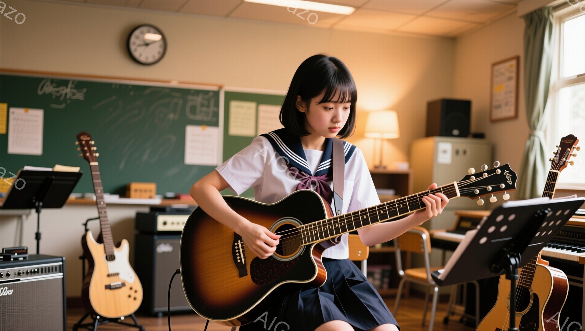 制服を着た少女がギターを弾いています。彼女は黒髪のショートヘアで、少しうつむき加減で集中した表情をしています。教室の黒板の前で、他のギターや譜面台、ピアノが置かれており、音楽室の一室であることがわかります。