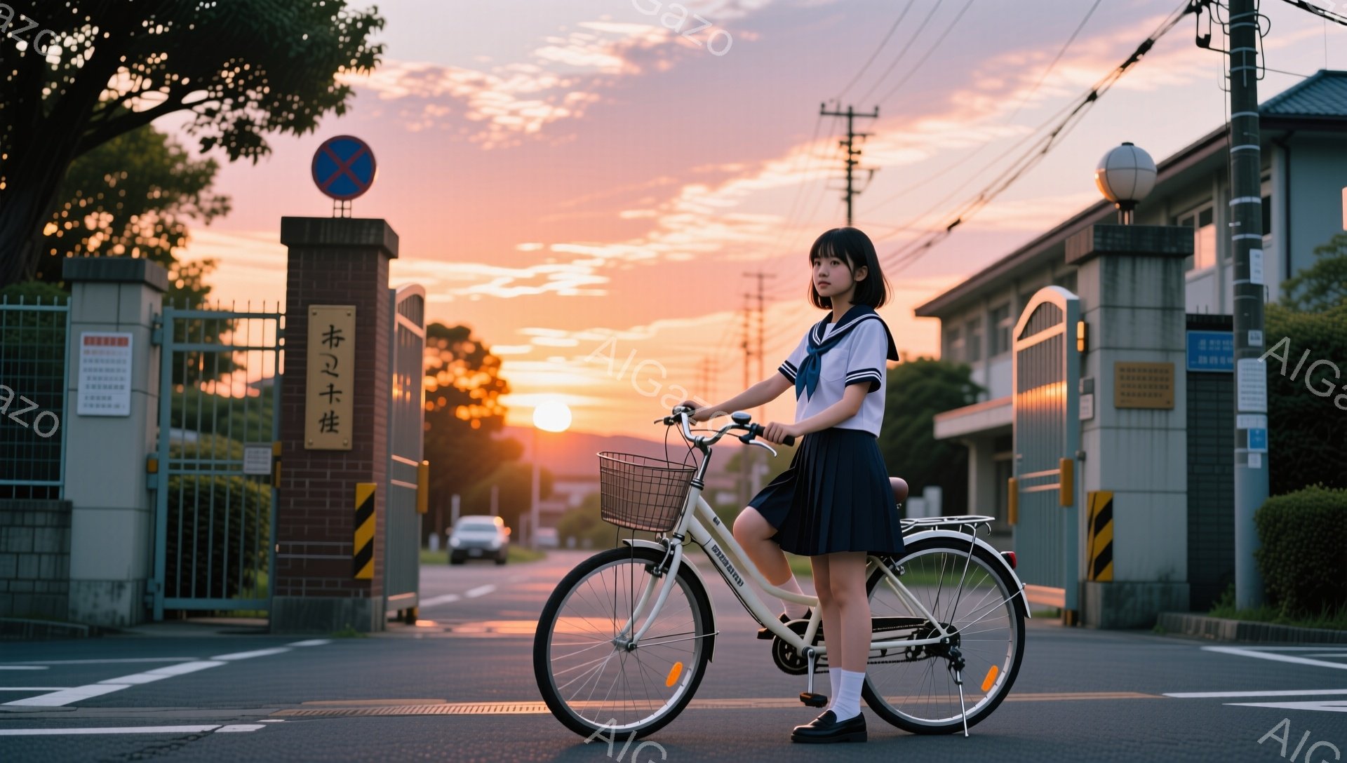 制服を着た女子高生が、白の自転車に寄りかかって立っている。彼女は紺色のリボンで髪を結び、わずかに微笑んでいる。背景には、夕焼け空の下、学校の門と建物が見え、穏やかでノスタルジックな雰囲気が漂っている。 - AI生成フリー素材