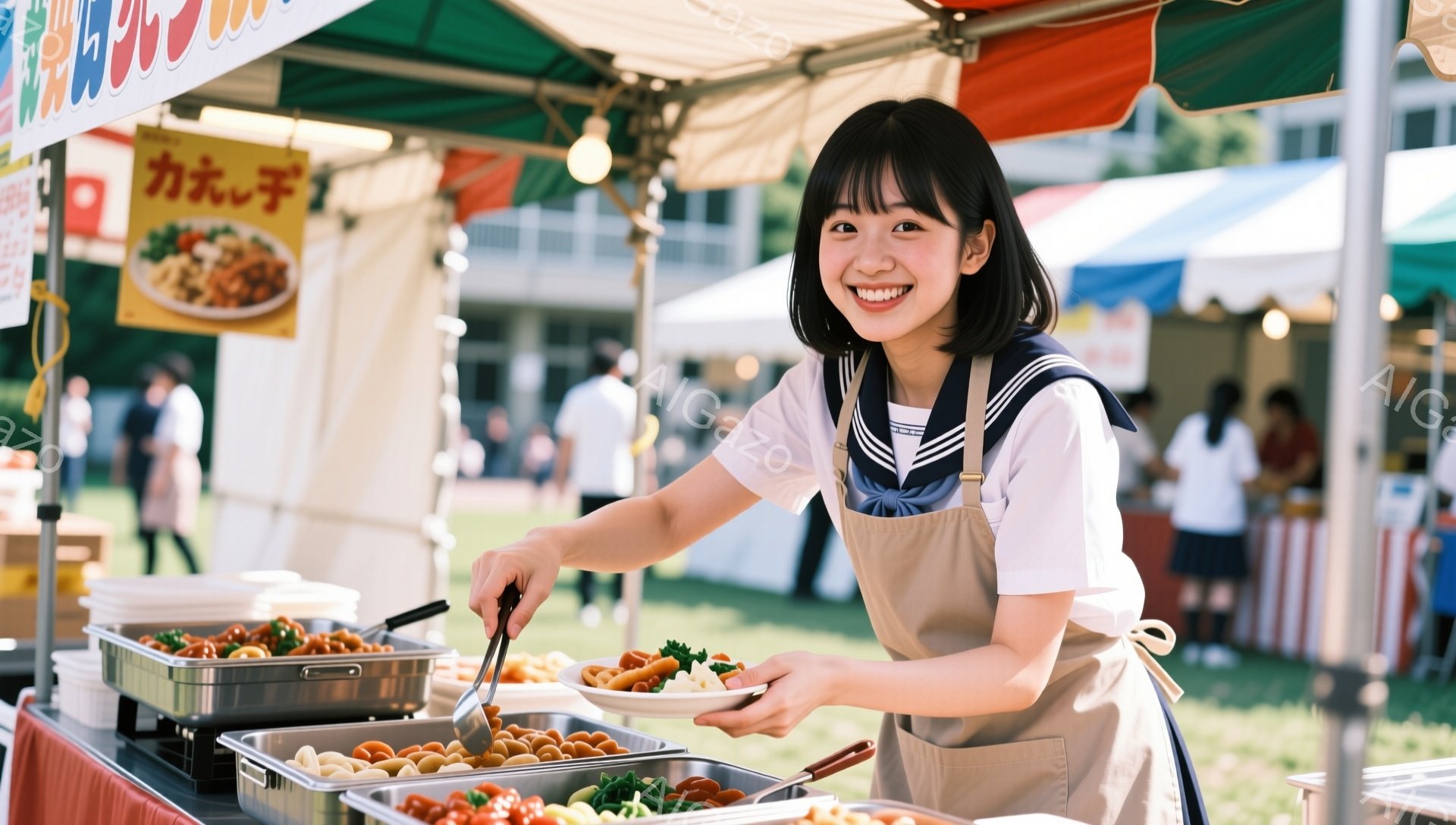 若い女性が屋台で料理を盛り付けている。彼女は白いブラウスにエプロン、セーラー服のようなネクタイをしており、明るい笑顔を見せている。背景には、赤いストライプのテント、緑の芝生、そして建物が見え、晴れた日の賑やかなお祭りの雰囲気が伝わってくる。