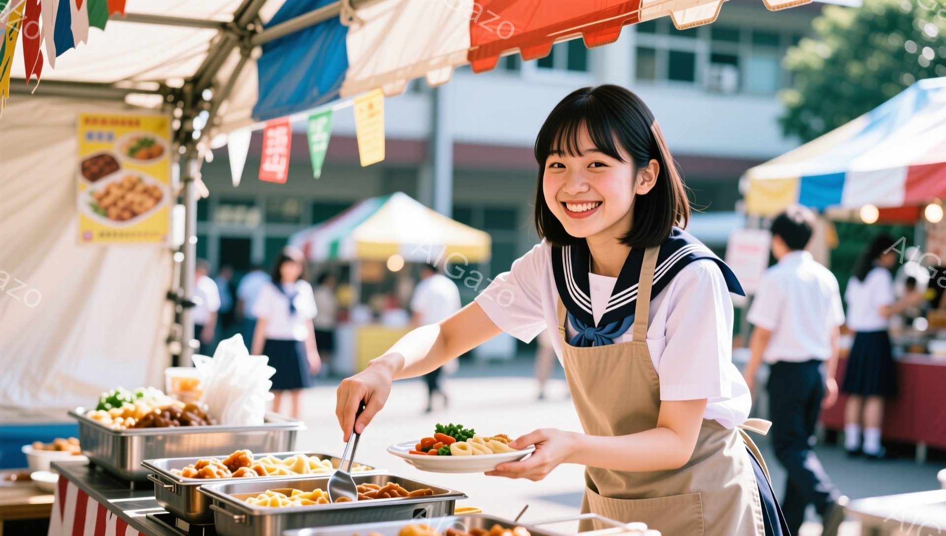 短い茶色の髪を肩の高さで切りそろえた女性が、エプロンとセーラー服を着て笑顔で料理を盛り付けています。背景には、屋台や多くの人が見え、明るい晴天の下で賑やかなイベントの様子が伺えます。ステンレス製のトレイには、揚げ物や色とりどりの料理が並び、活気のあるお祭りの雰囲気が漂っています。
