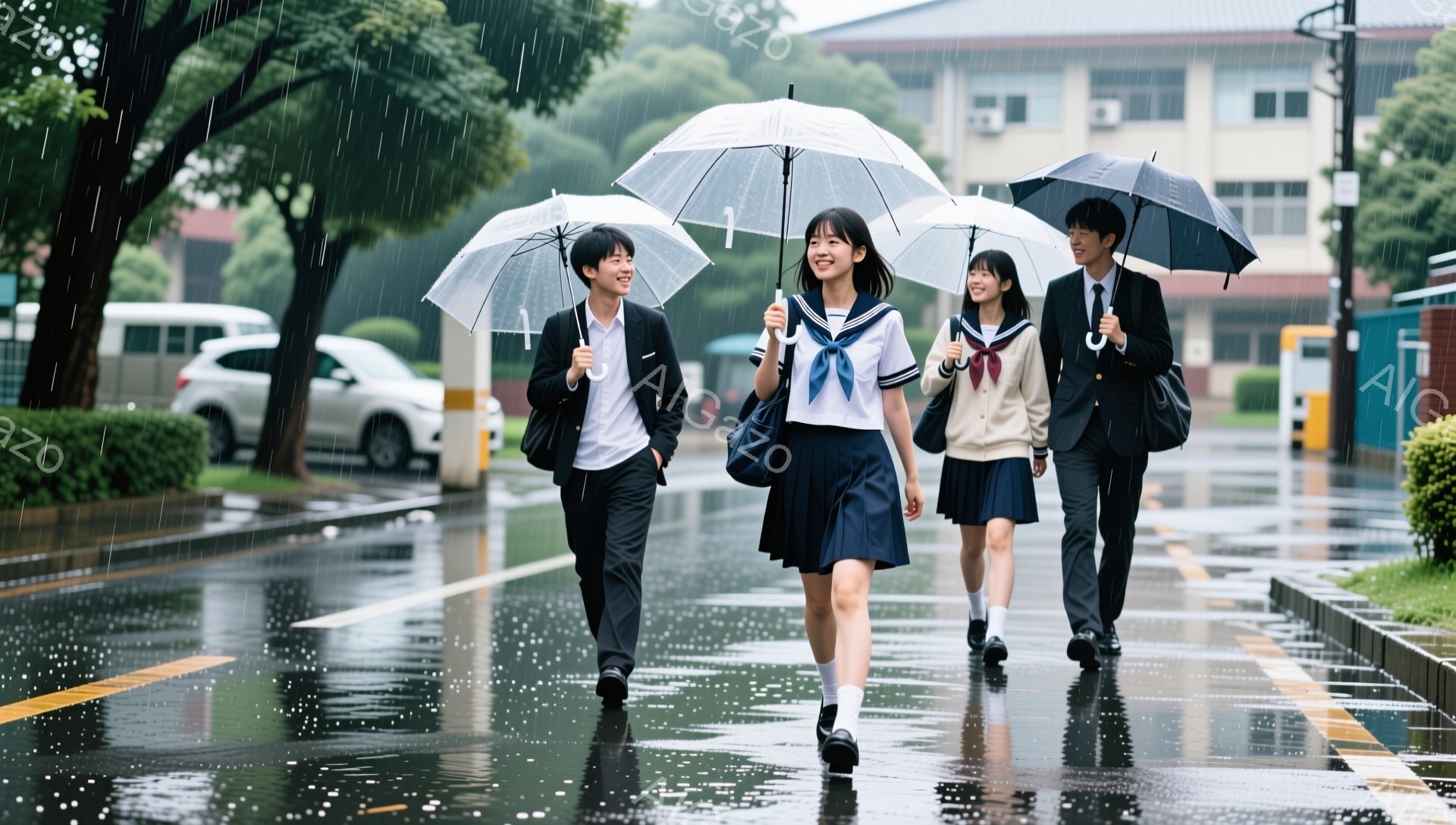 雨の中、制服を着た4人の学生が歩いている。彼らは皆、黒か白の傘をさしており、顔にはわずかに笑顔が見られる。背景には建物と緑豊かな木々が見え、アスファルトの道は雨で濡れている。 - AI生成フリー素材