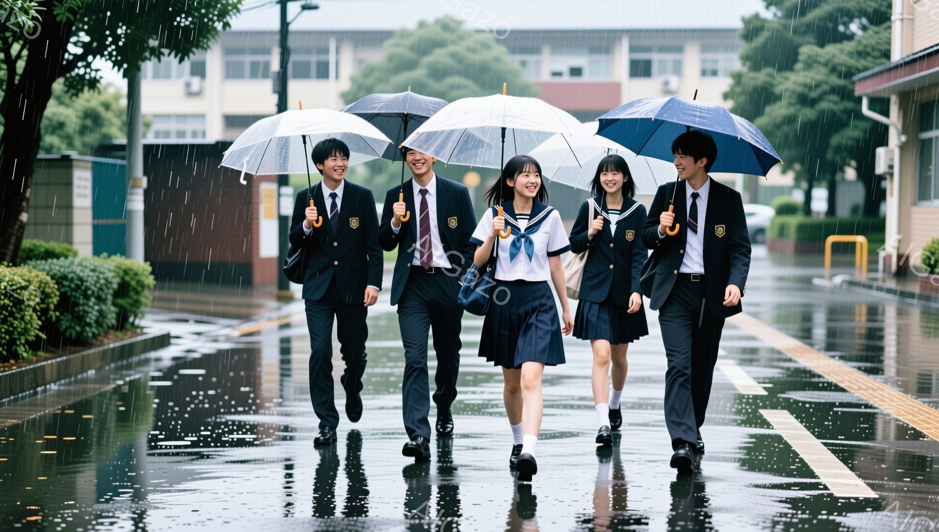 雨が降る中、制服を着た男子生徒3人と女子生徒2人が並んで歩いている。男子生徒は黒いブレザーにネクタイ、女子生徒はセーラー服で、皆笑顔で前を向いている。背景には学校の建物が見え、アスファルトの道は雨で濡れて光沢があり、全体的に明るく活気のある雰囲気である。
