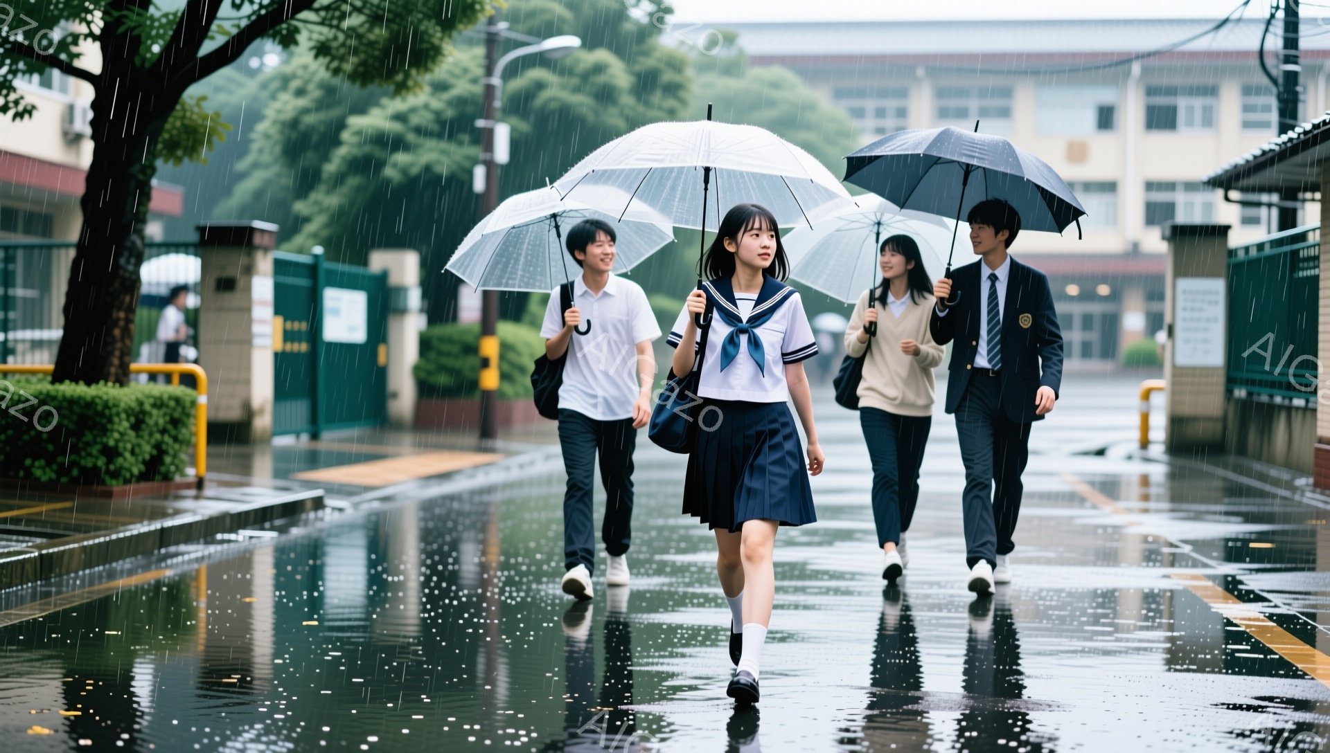 制服を着た女子高生が、濡れたアスファルトの道を正面を見て歩いている。彼女の後ろには、同じ制服の友人や男子生徒が傘をさして続いている。背景には学校の建物が見え、雨が降っていることから、少し憂鬱ながらも青 - AI生成フリー素材