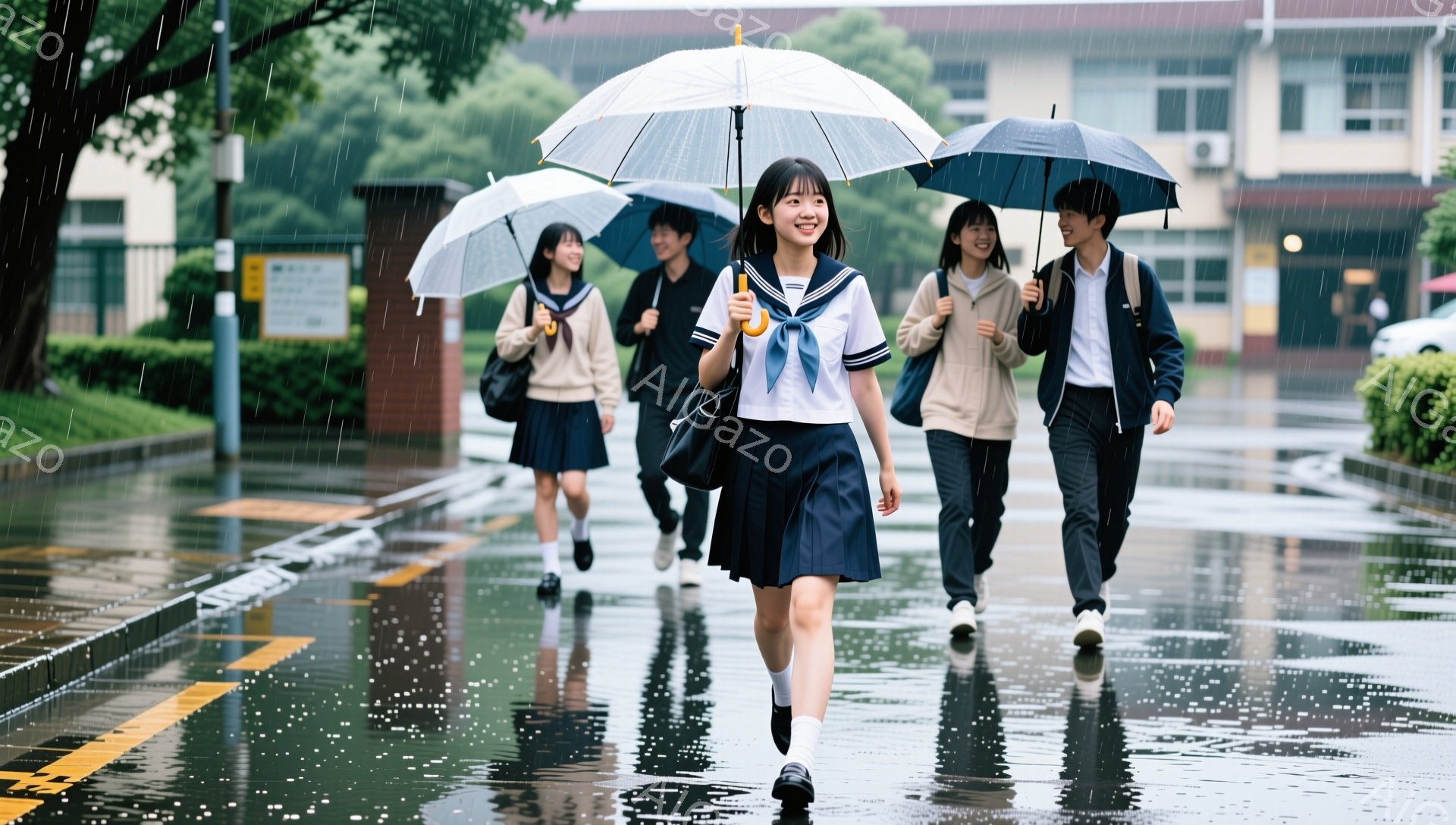 雨の日の学生たちが、校舎の前に並んで歩いている様子が写っている。制服姿の生徒たちは、白いシャツにスカートやズボンを合わせ、皆傘をさして歩いている。背景には、レンガ造りの校舎と緑豊かな木々が見え、全体的 - AI生成フリー素材