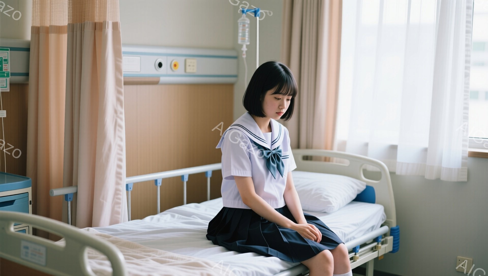 制服を着た若い女性が病院のベッドに座っており、少しうつむき加減で寂しげな表情をしています。彼女は暗い髪で前髪を切り揃え、白いブラウスに黒いスカートとリボンを締めています。背景にはカーテンと窓があり、外は晴れた日ですが、全体的に物憂げで静かな雰囲気が漂っています。