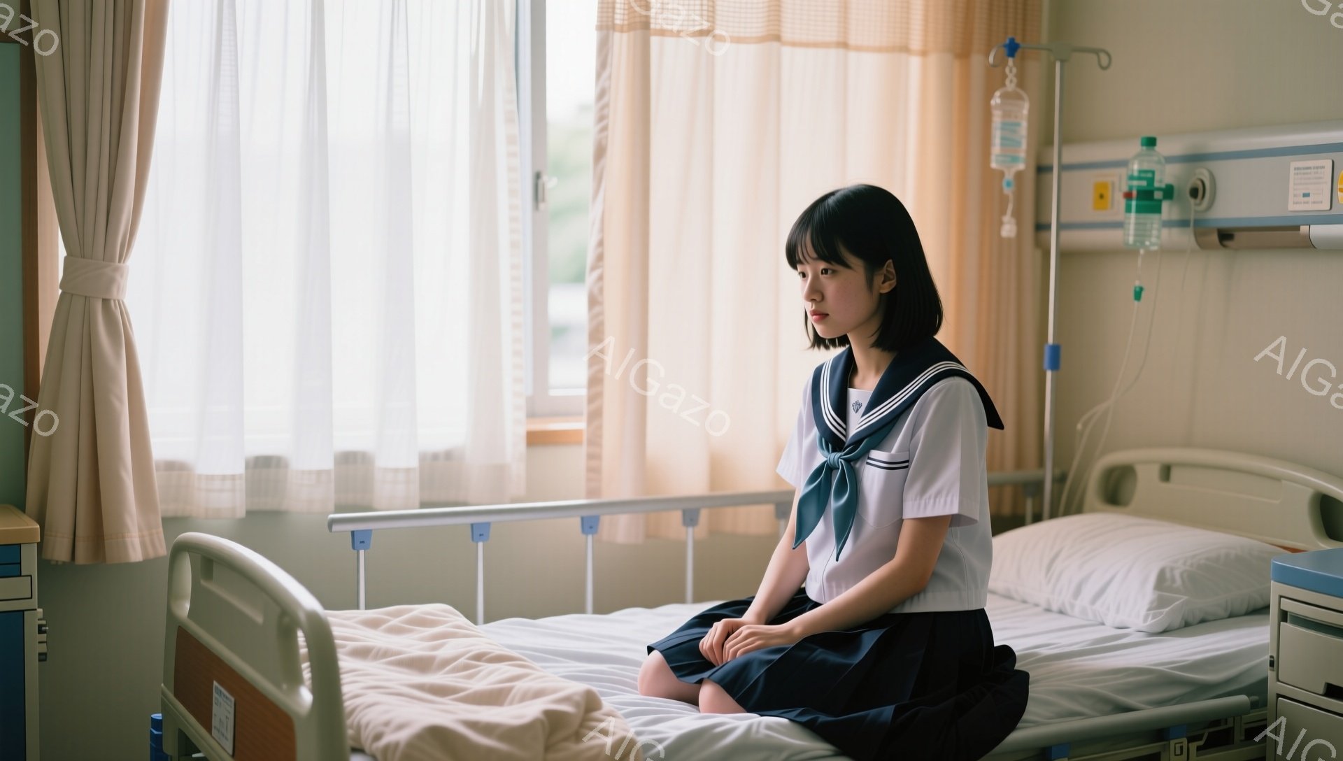 制服を着た若い女性が病院のベッドに座っており、少し悲しげな表情をしています。彼女は濃い色のロングヘアで、首に青いリボンを締めています。背景には窓があり、外には建物と木々が見え、全体的に静かで寂しげな雰囲気が漂っています。