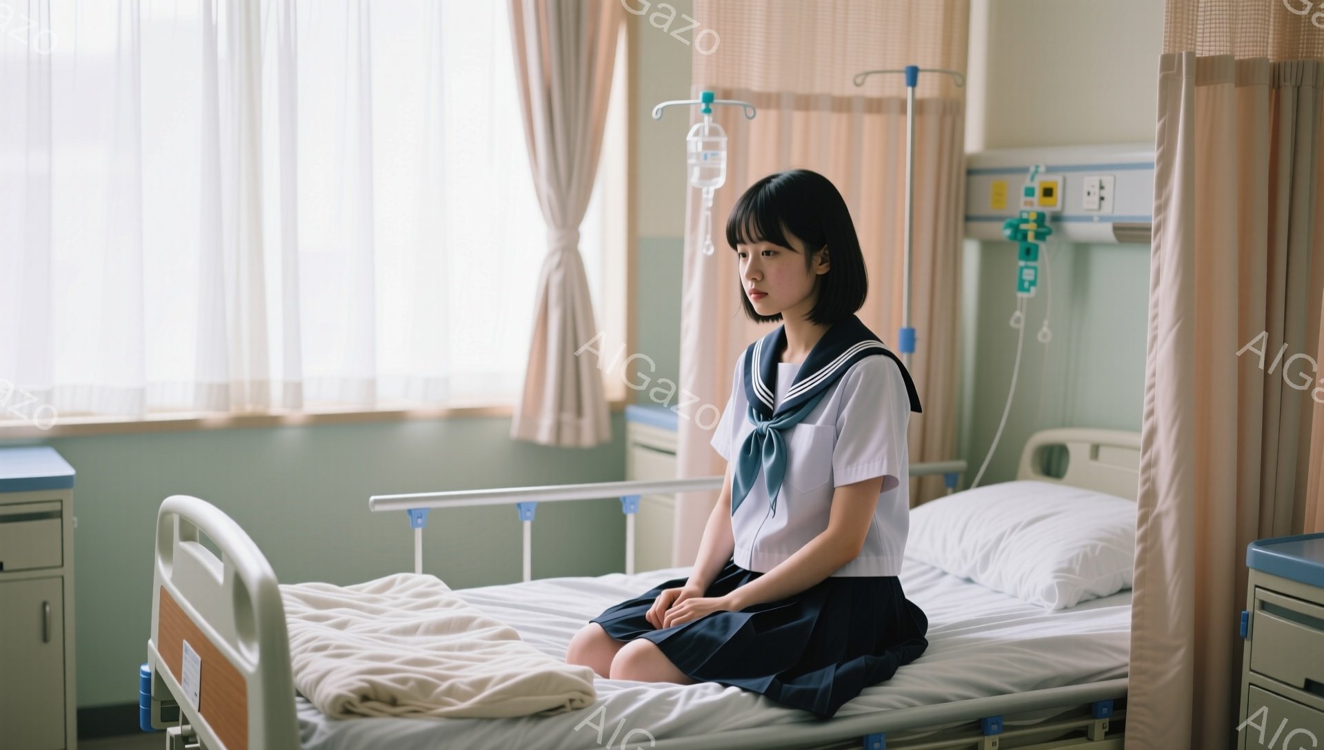短い黒髪の少女が病院のベッドに座っており、制服を着ている。彼女は少し憂いを帯びた表情で、膝を抱えて座っている。背景には薄い緑色の壁と白いカーテンがあり、点滴台が設置されている、静かで寂しげな雰囲気が漂う。
