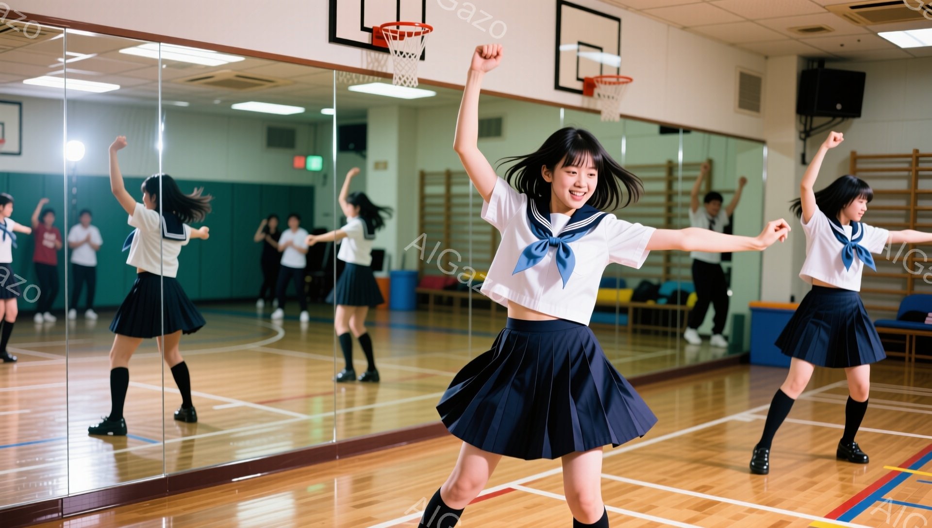 画像は、体育館の鏡の前で踊っている女子高生を描いています。彼女たちは白いブラウス、濃い青色のプリーツスカート、黒い靴下を着用し、笑顔で両手を広げています。背景には他の生徒たちが練習しており、体育館の壁やバスケットゴールが見えます。