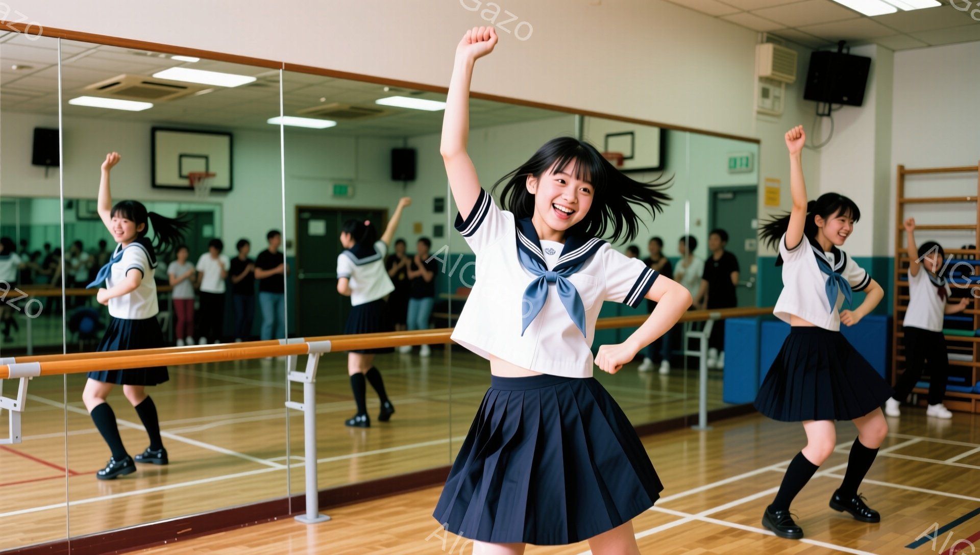 複数の女子学生が体育館のような場所でダンスの練習をしている写真です。紺色のスカートと白いブラウス、赤いリボンで結んだ髪をした学生が中心に写っており、両手を上げて楽しそうに踊っています。背景には他の学生や鏡、バスケットボールのゴールが見え、活気のある雰囲気です。