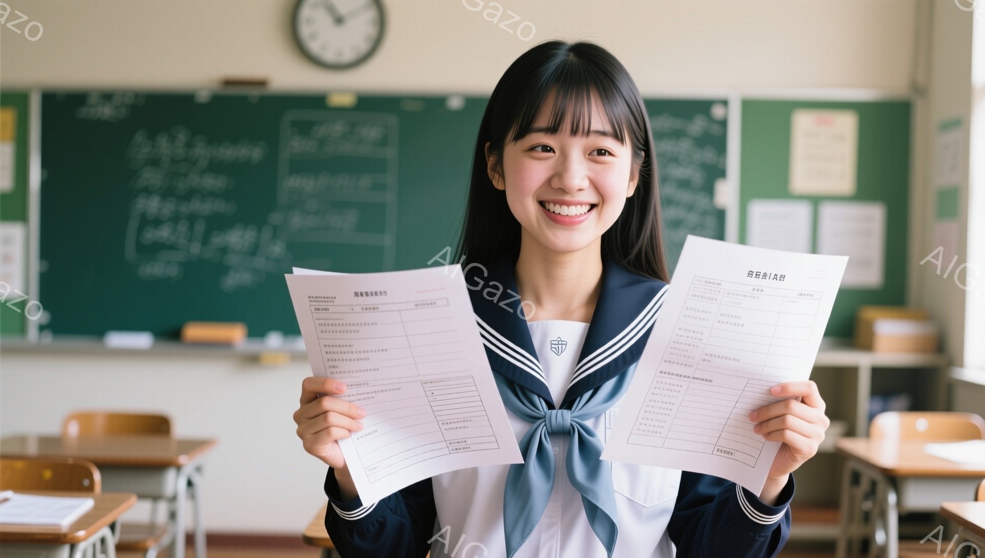 制服を着た女子学生が、両手にテストの用紙を持って笑顔でこちらを見ている。彼女は短い茶色の髪で、前髪は目にかかるようにカットされている。教室の黒板が背景に見え、机や椅子が並んでいる静かな雰囲気の学校の様 - AI生成フリー素材
