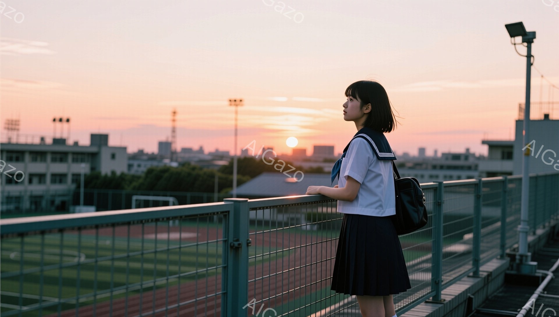 制服を着た女子学生が、夕焼けの空を背景に、学校の運動場を見下ろしています。彼女は黒髪のショートヘアで、少し物憂げな表情で遠くを見つめており、肩にリュックサックを背負っています。背景には、夕日に照らされた建物と、オレンジ色の空が広がり、ノスタルジックで静かな雰囲気を醸し出しています。